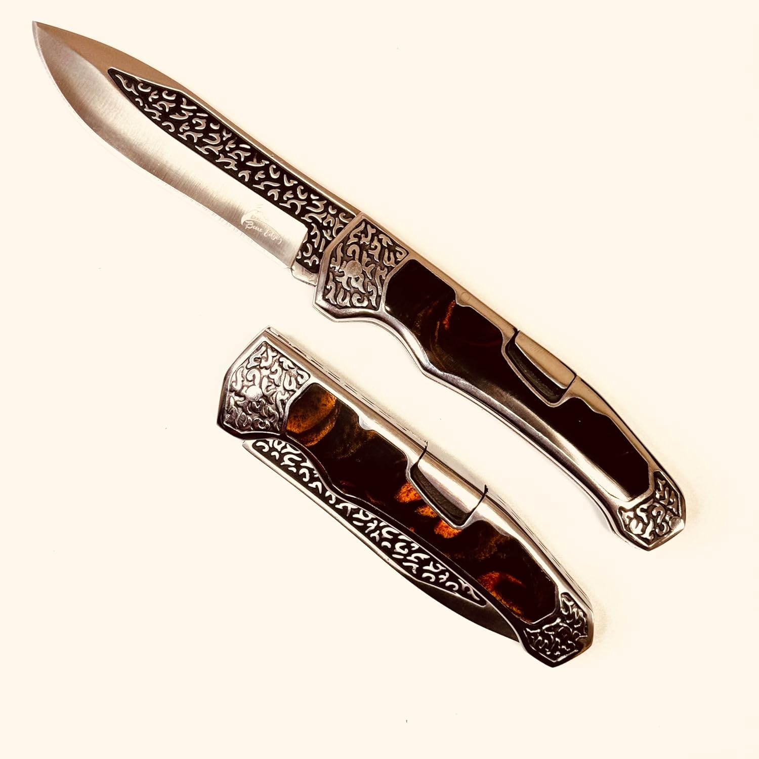 Floral engraving manuel open lock back pocket knife 13363