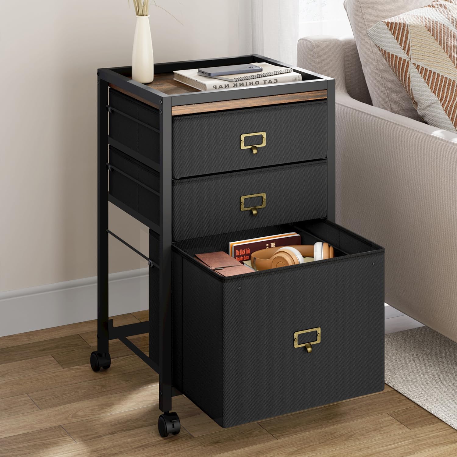 GarveeHome 3 Drawer File Cabinet, Mobile Filing Cabinet Fits Letter Size or A4, Fabric Vertical File on Wheels, Home Office Small Under Desk Storage, Black