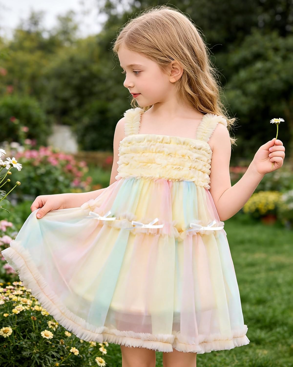 YALLET Flower Girl Dress Ruffle Trim Back Smocked Holiday Princess Dresses Gradient Tulle Pageant Gown for Wedding Birthday