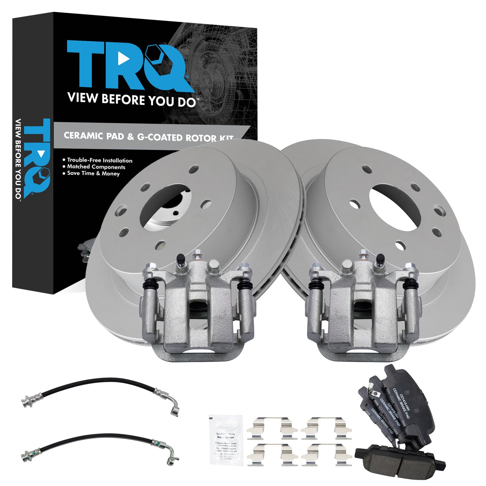 TRQ Rear Brake Pad and Rotor Set Ceramic Coated Calipers Compatible with 2003-2005 Infiniti G35 350Z