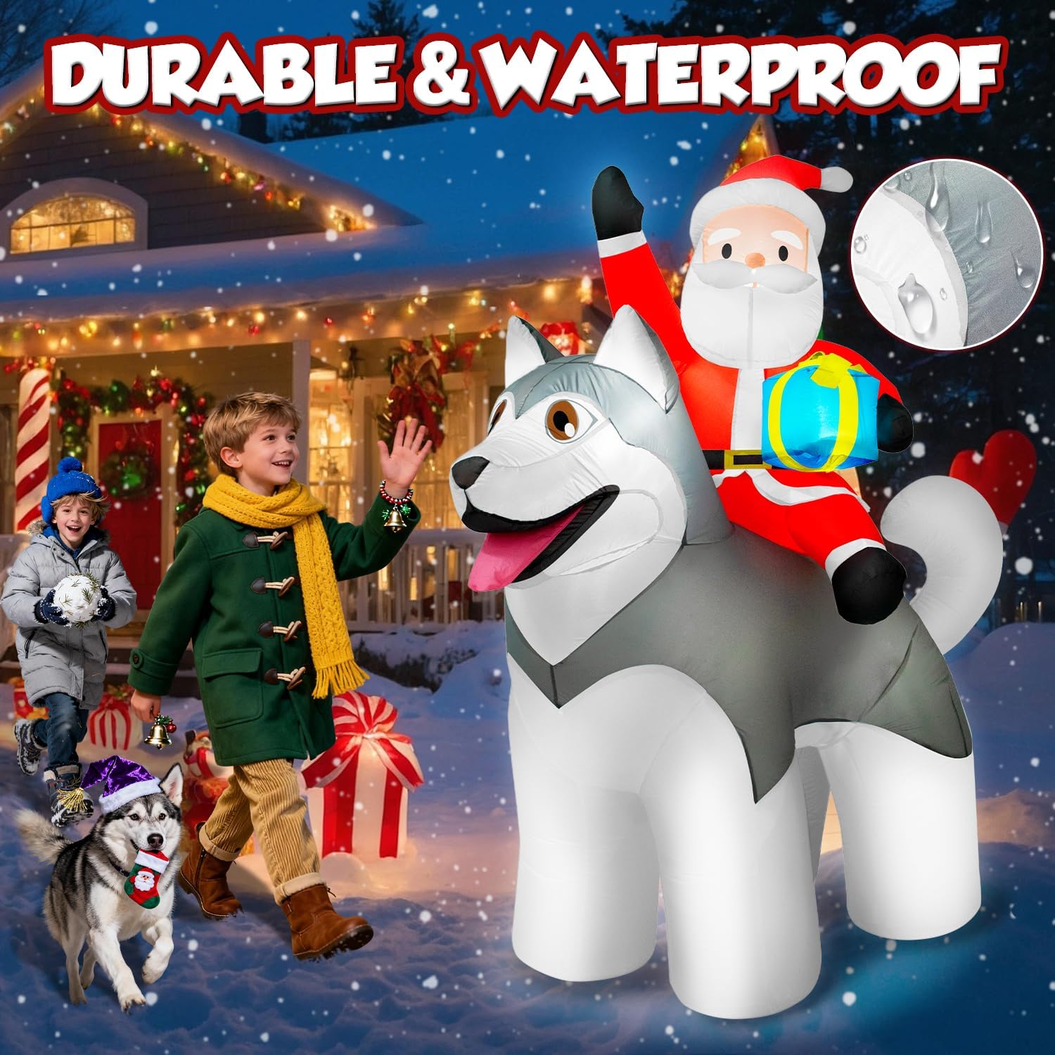 zukakii 8×7FT Christmas inflatables Santa Riding Husky Dog, Giant Christmas Decoration Outdoor Built-in Bright LEDs Blow Up Yard Decoration Blowups for Holiday Party Xmas New Year