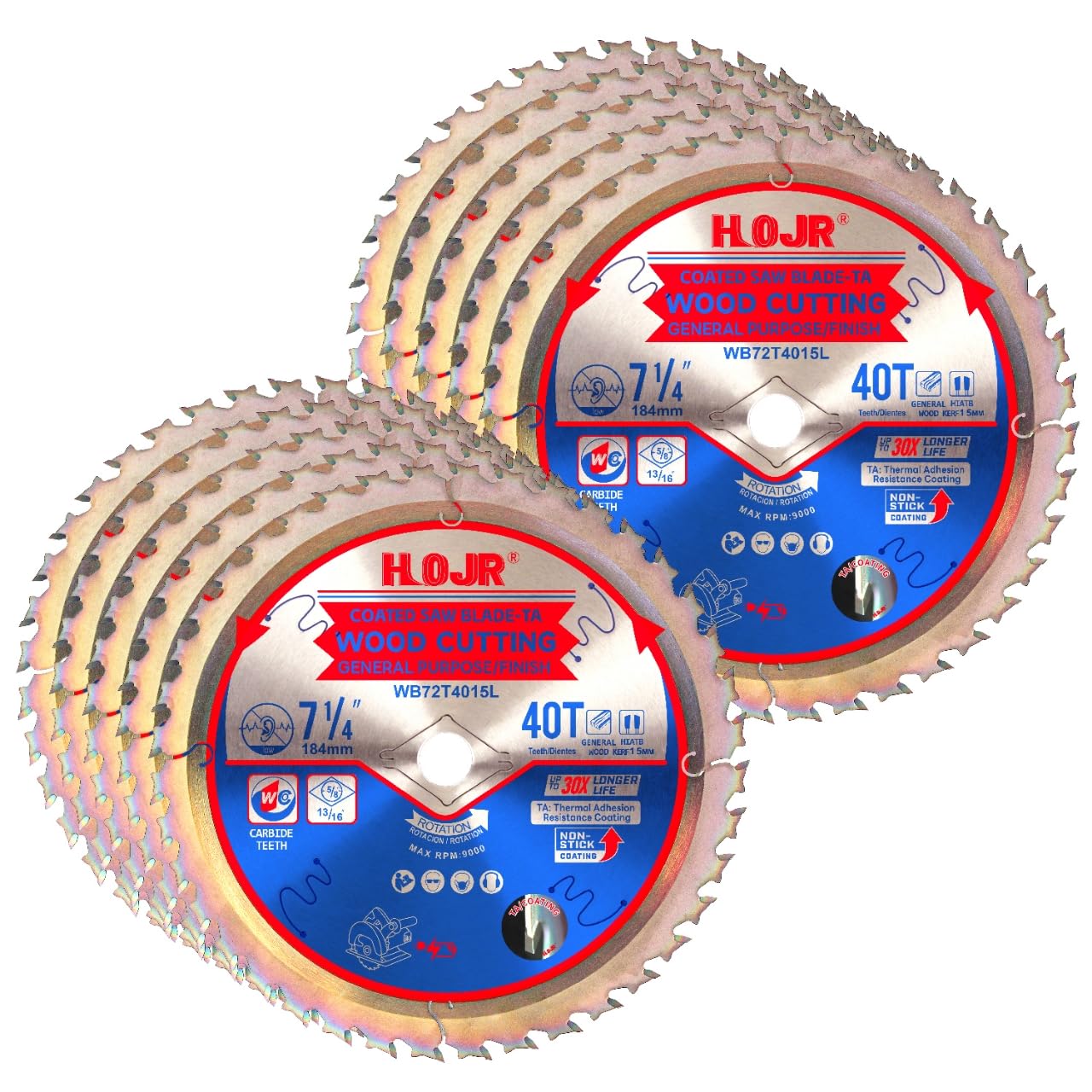 10-Pack 7-1/4" 40-Tooth 5/8" Arbor Circular Saw Blade, Framing/General Purpose Wood Cutting,Special Anti-Thermal Adhesion Coating on Cutting Edge-TA,High Finish, Long Life, 7-1/4" 40T 5/8"
