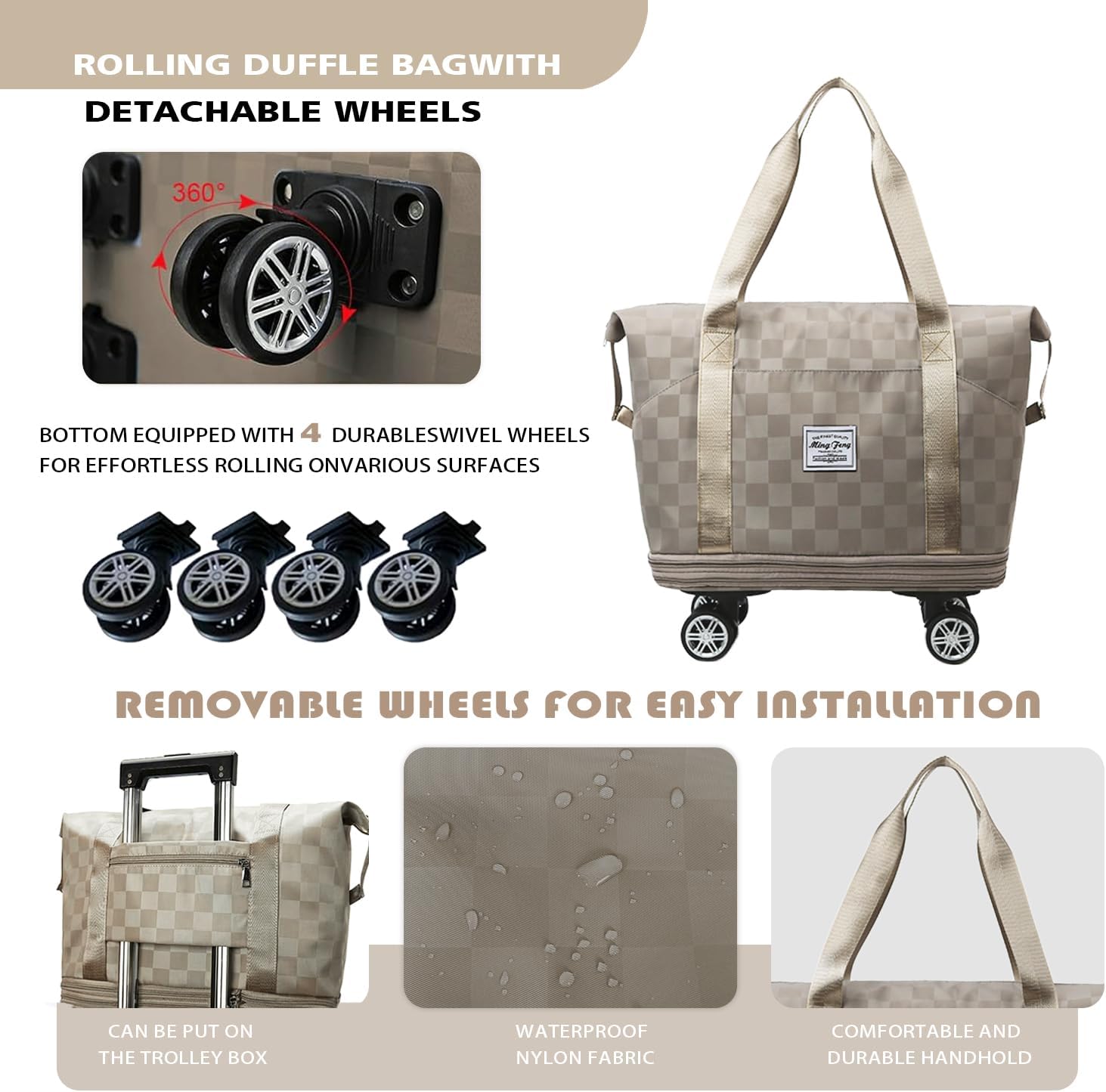 Rolling Duffle Bag with Wheels, 28-58L Expandable Foldable Travel Bag, Lightweight Carry-On Bag for Gym, Camping, Weekend Trips, Business Travel, Weekend Bag for Women & Men (Khaki)