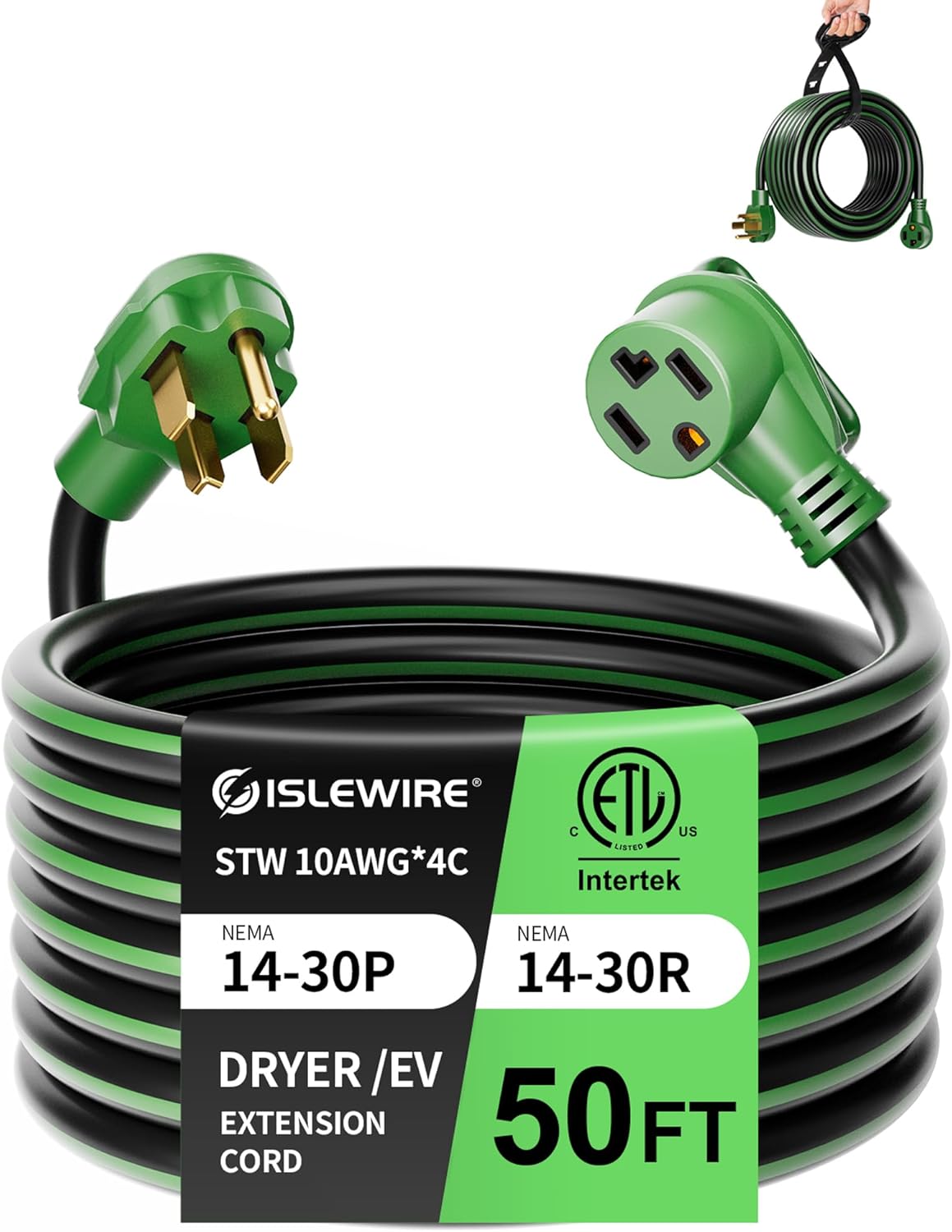 30-Amp 4-Prong Dryer EV Extension Cord, 50 Feet, NEMA 14-30P to 14-30R, 125V/250V Heavy Duty STW 10AWG/4, Use for Tesla Model 3/Y/X/S, Level 2 EV Charging & Dryer Power Extension, ETL Listed