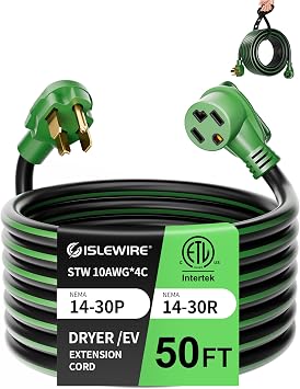 30-Amp 4-Prong Dryer EV Extension Cord, 50 Feet, NEMA 14-30P to 14-30R, 125V/250V Heavy Duty STW 10AWG/4, Use for Tesla Model 3/Y/X/S, Level 2 EV Charging & Dryer Power Extension, ETL Listed
