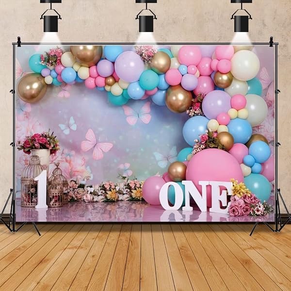 First Birthday Backdrop for Girl Flower Pink Purple Balloon Backdrops Sweet One Year Old Photography Cake Smash Background for Baby Girl Flowers Butterfly Kids 1st Birthday Banner Decorations 7x5ft - 4