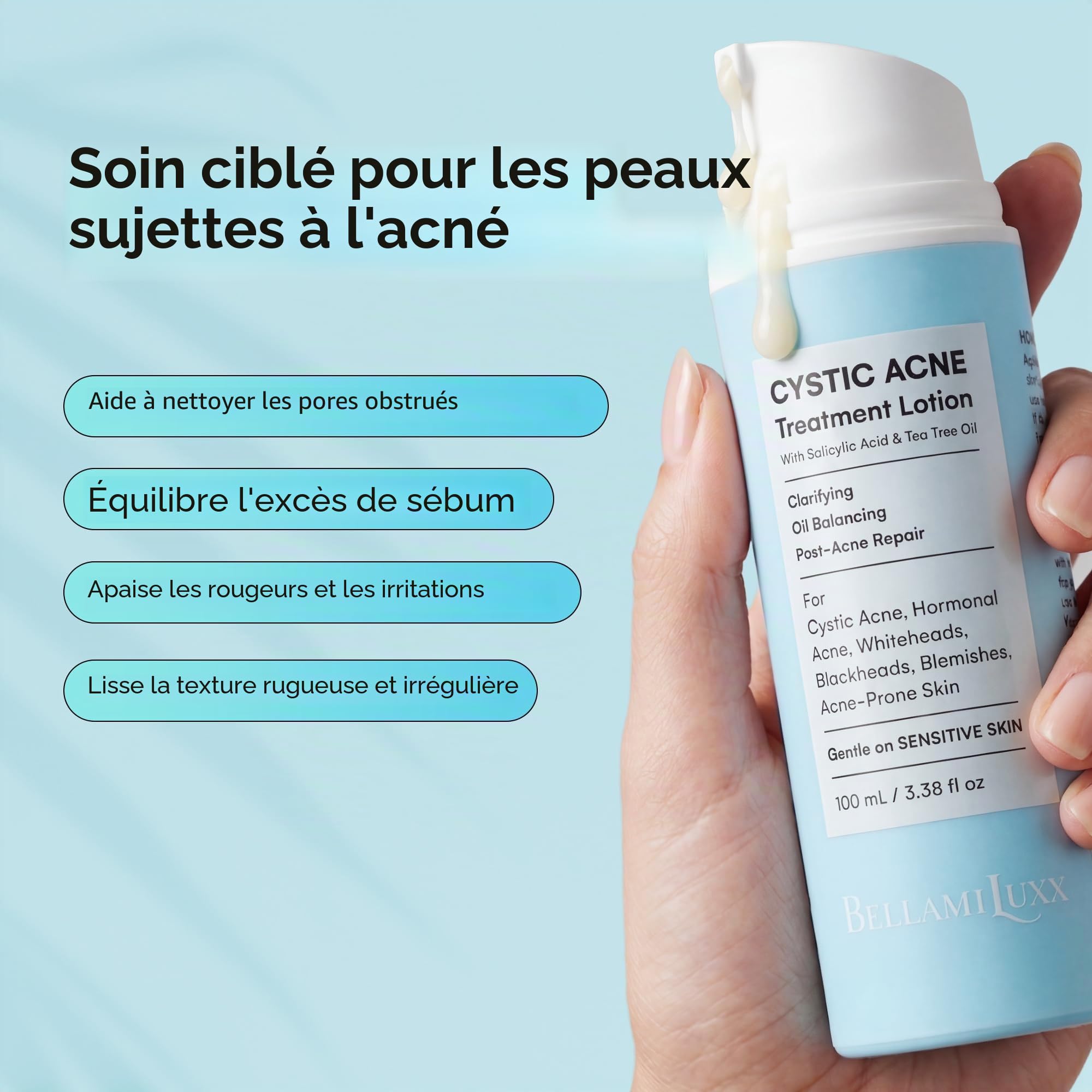 BellamiLuxx Traitement cystique de l'acné pour le visage : crème de traitement de l'acné hormonal pour adolescents et adultes - Acide salicylique et huile d'arbre à thé - Anti-acné hydratant réduit