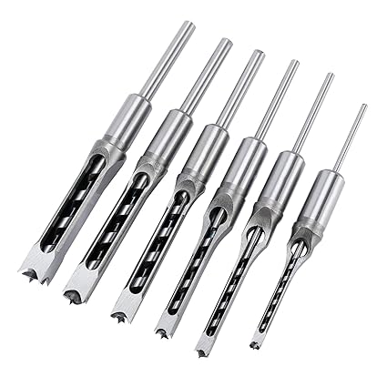 6pcs Square Hole Drill Bit Tools High Speed Steel HSS Woodworking Adjustable Mortise Chisel Drill Bit Set, Sizes 1/4