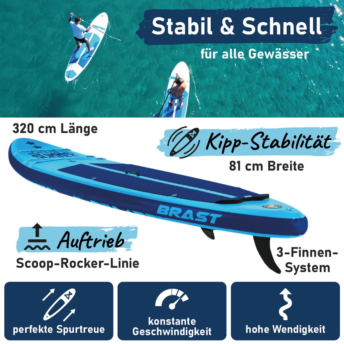 BRAST SUP Board Primo Summer | Aufblasbares Stand up Paddle Set | 320x81x15cm | 10 Designs | inkl. Zubehör | Alu Paddel Fußschlaufe Hub-Pumpe Reparatur-Kit
