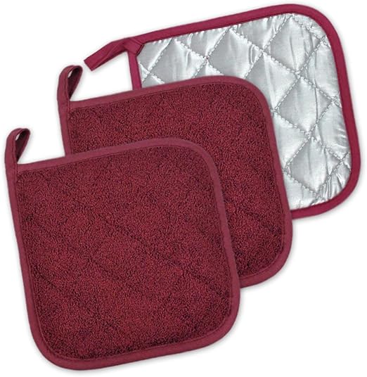 DII Basic Terry Collection Quilted 100% Cotton, Potholder, Wine, 3 Piece