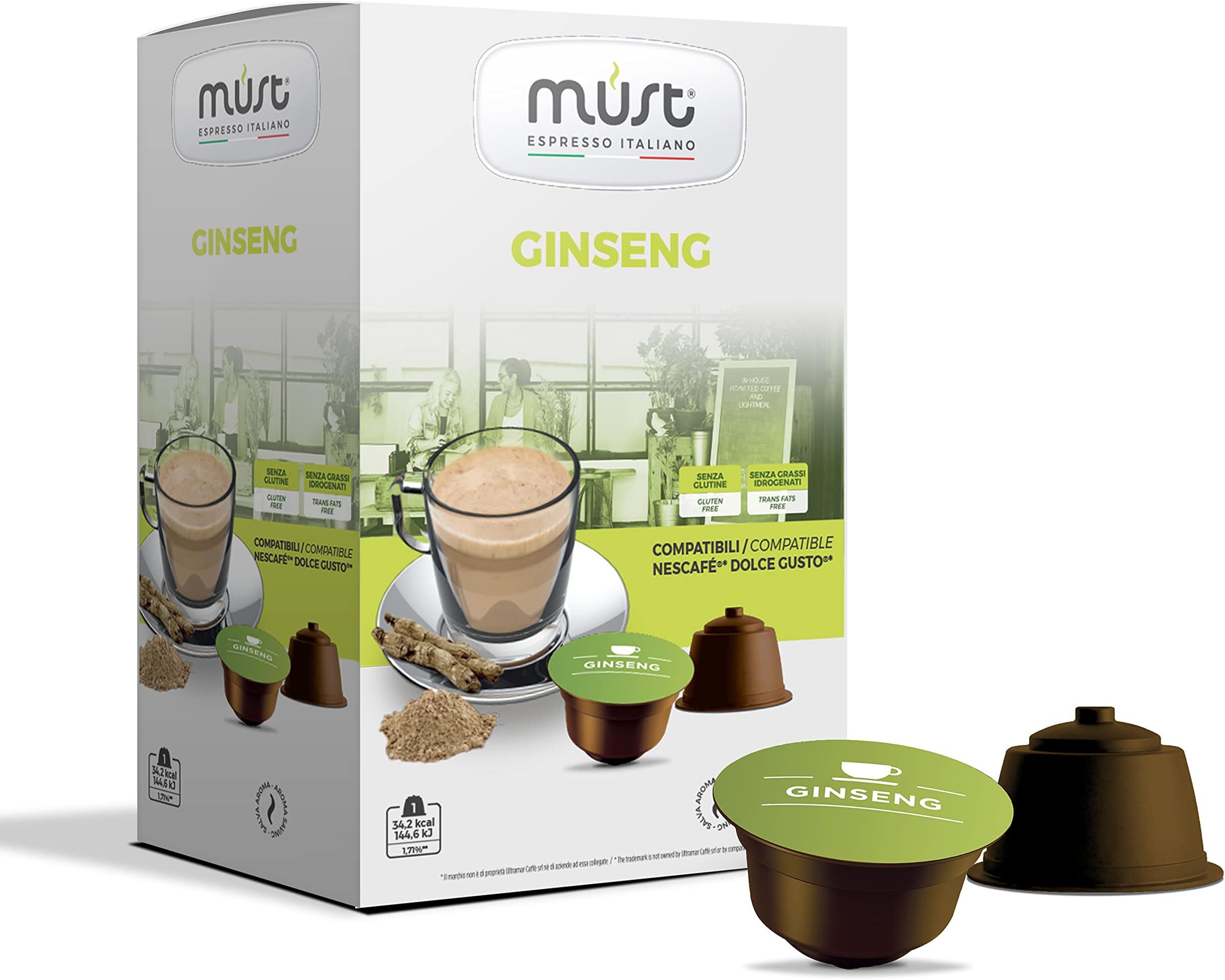 MUST 16 Coffee Capsules Self Protected in 100% Recyclable Plastic, GINSENG blend Pack of 16 Capsules Compatible with Dolce Gusto Mchine, Made in Italy