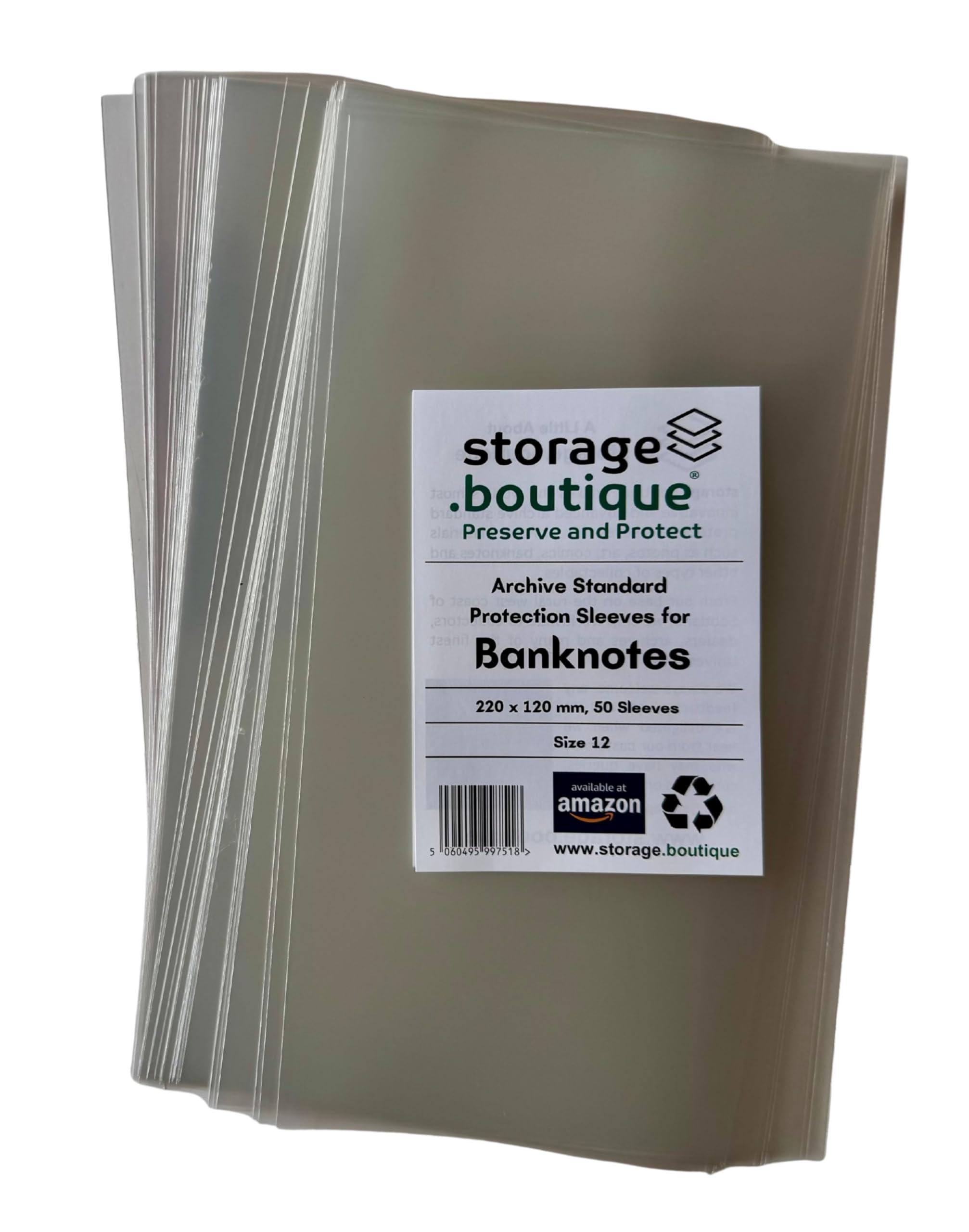 storage.boutique BANKNOTE Protection Sleeves, Archive Standard, Acid Free, Size 12, 220 x 120 mm, 50