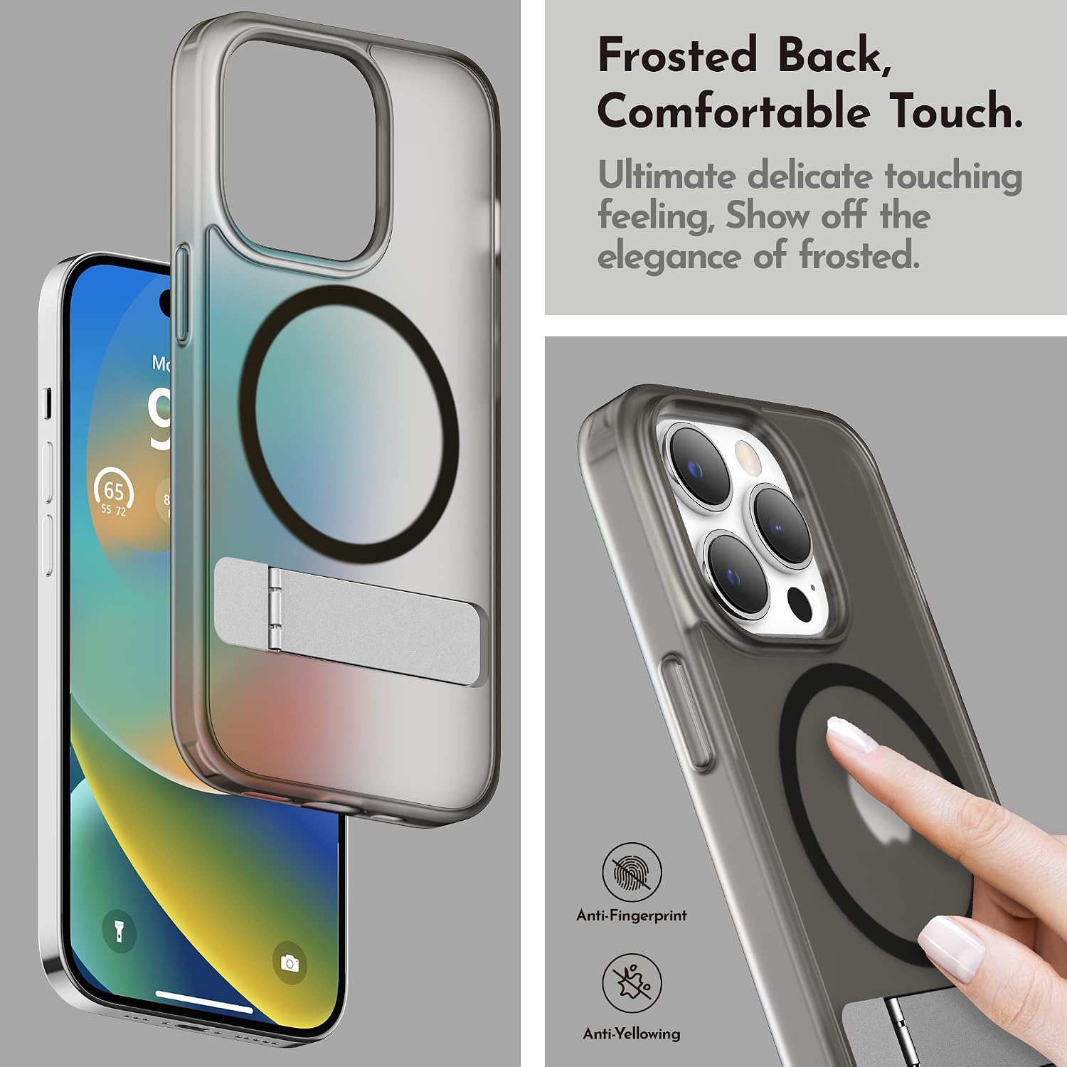 Magnetic Case for iPhone 14 Pro Case 6.1-Inch (2022), Slim Kickstand with Screen Protector Compatible with Magsafe Shockproof Translucent Matte Cases Phone Case Cover, Black