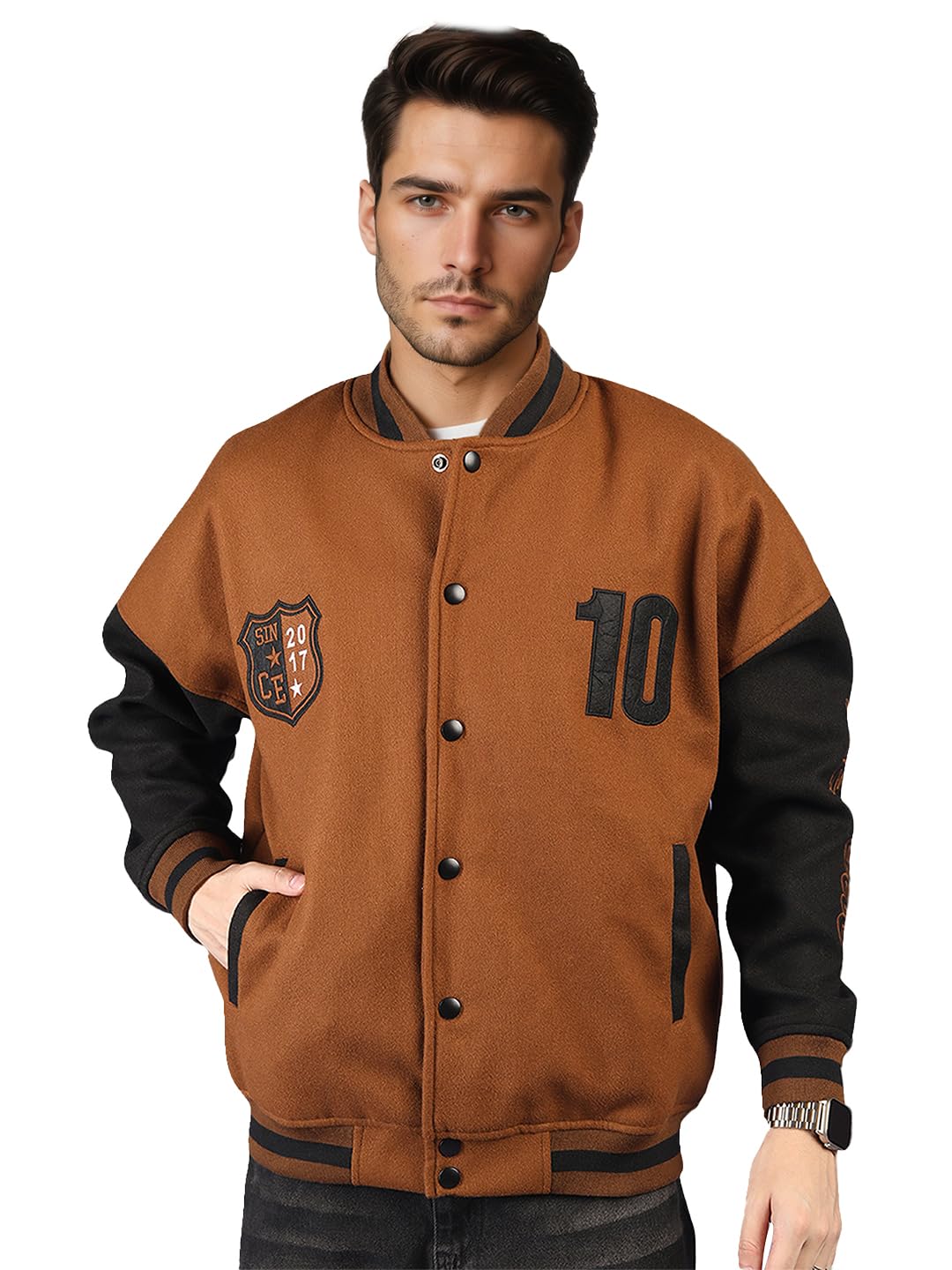Berrylush Menâ€™s Oversized Varsity Jacket with Snap Button Closure and Patch Design Trendy Comfortable Outerwear for College Travel and Casual Wear in neutral