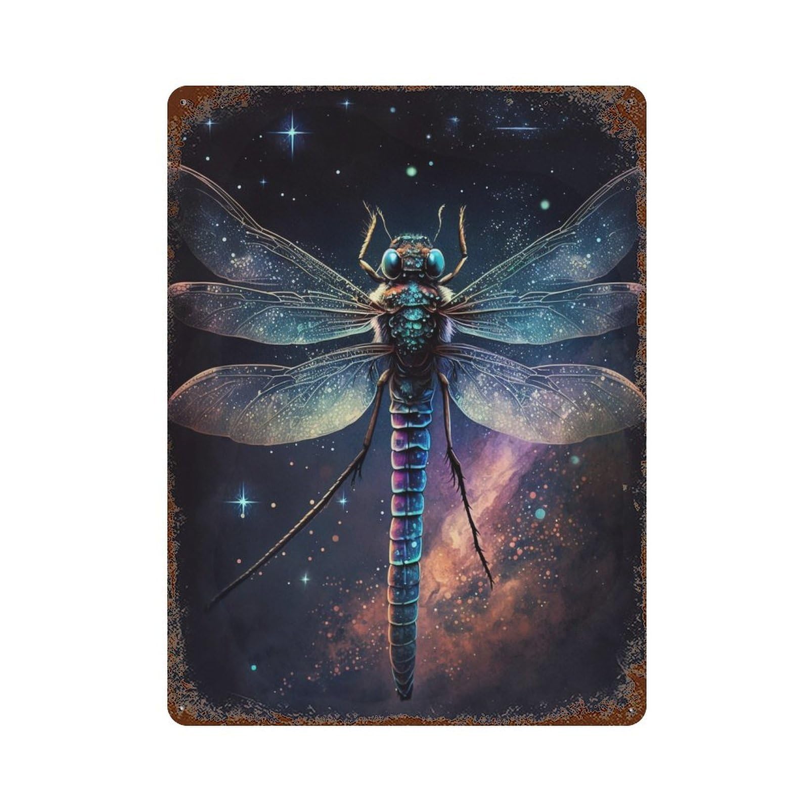 Cosmic Dragonfly Art Print-3 15.7"x11.8" Rust Effect Tin Sign, Vintage Wall Decor for Farmhouse, Kitchen And Entryway Decor