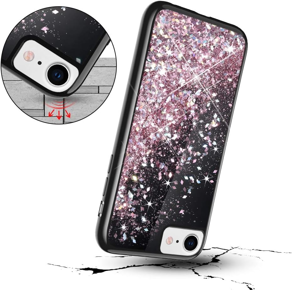 Caka Glitter Case for iPhone SE 2020 2022 5G Case for Women Girls Glitter Bling Liquid Flowing Sparkle Glitter Case for iPhone 7 8 SE 2020 2022 (4.7 inch) (Black Rose Gold)