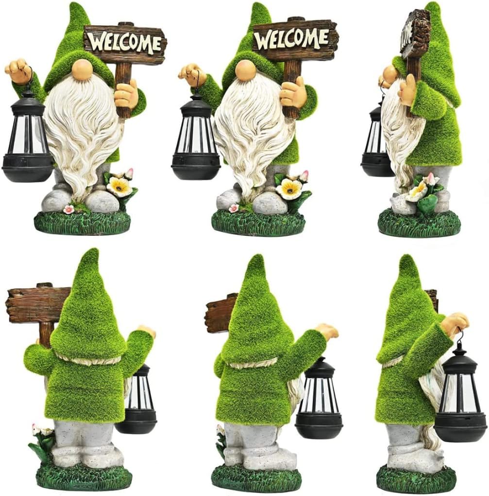 Garden Ornaments Outdoor, Funny Garden Gnome with Solar Lantern and Welcome Sign Solar Ornaments Gnome Figurine Gifts for Patio Lawn