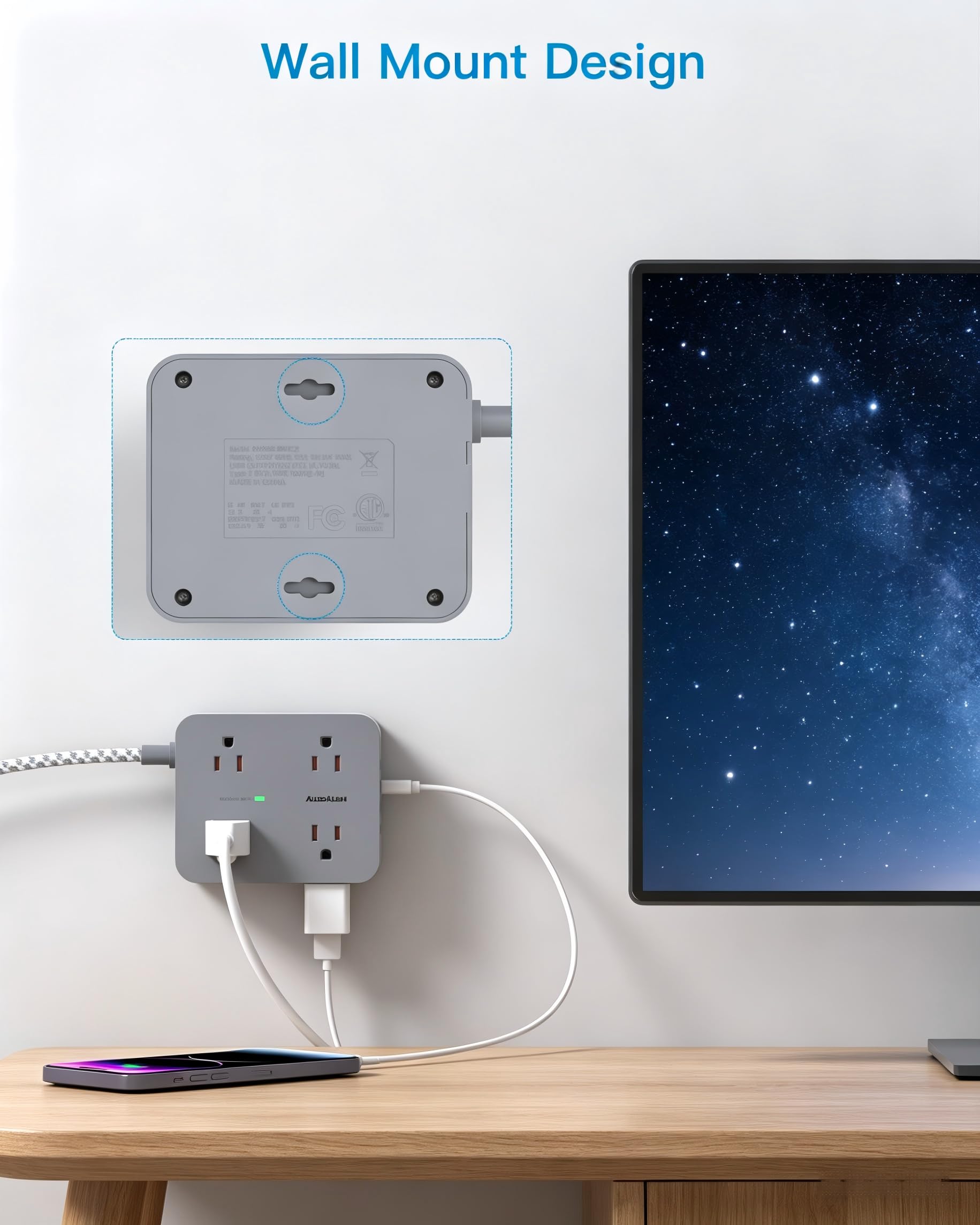 HANYCONY - 8 Steckdosen, 4 USB-Ladeanschlüsse (2 USB C), Mehrfachsteckdosenausgangsverlängerung, 5 Fuß geflochtenes Verlängerungskabel, Flachstecker zur Wandmontage, Ladestation