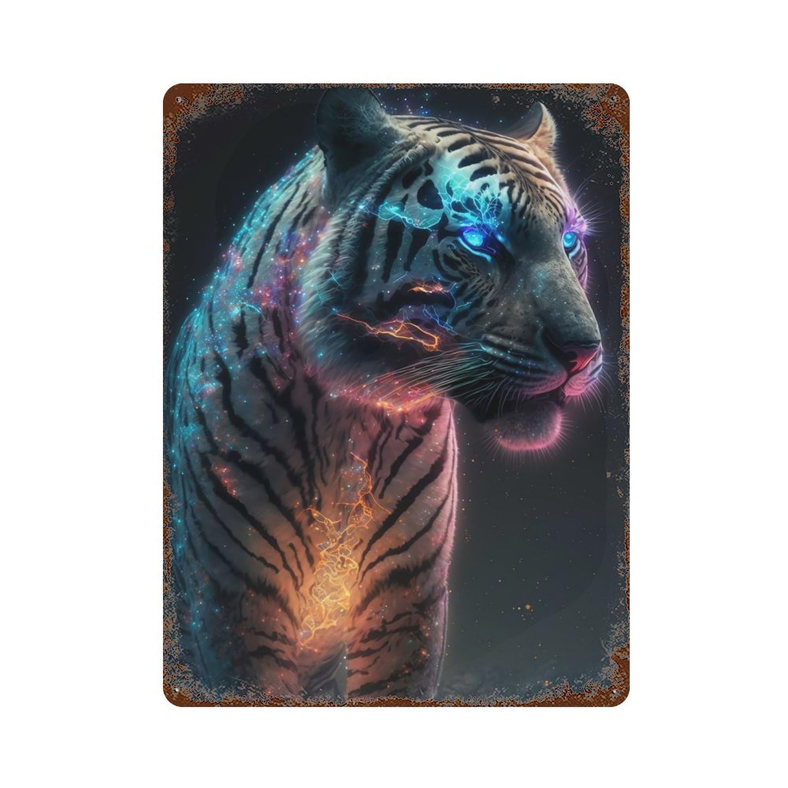 Distressed Metal Wall Sign with Cosmic Tiger Design 15.7"x11.8", for Cafe, Home Bar And Lounge Decor, Retro Wall Decor