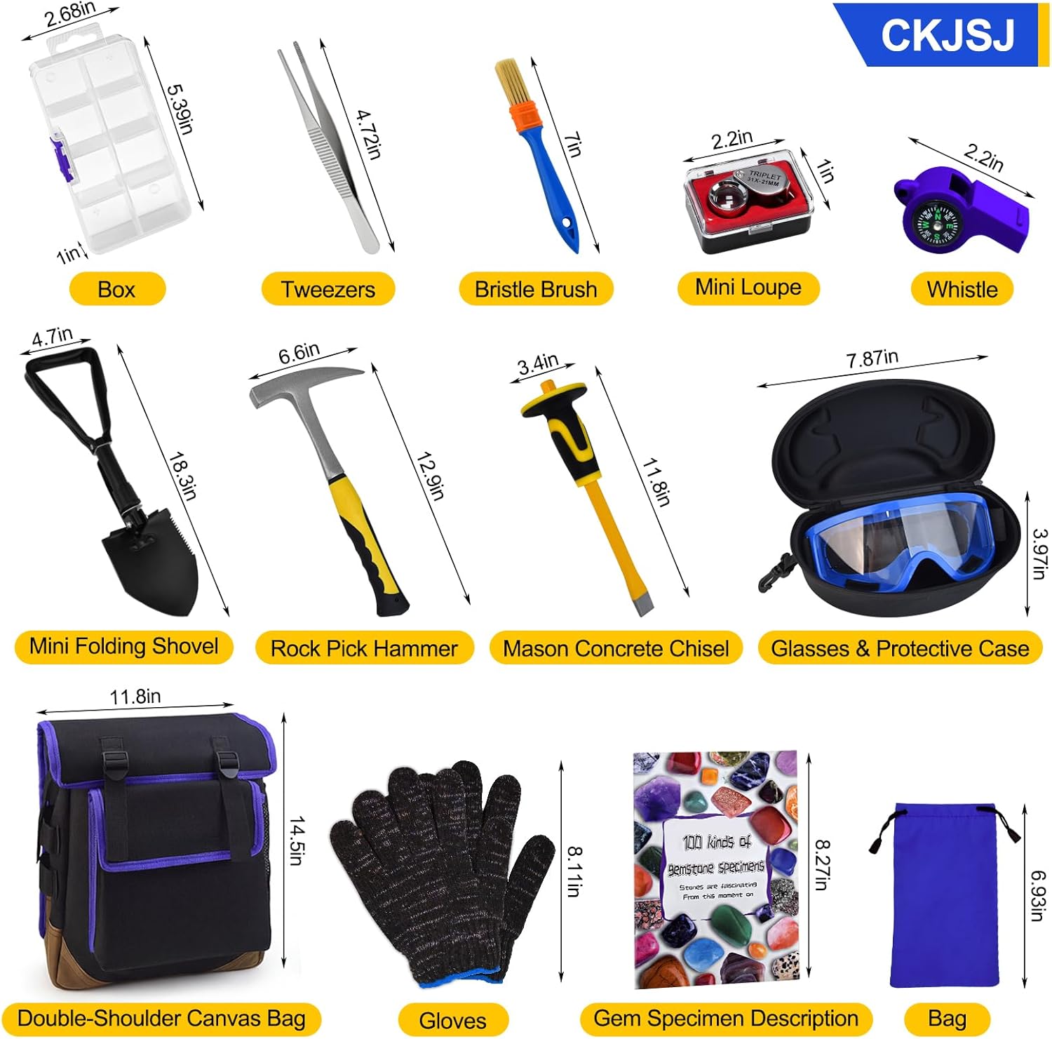 14PCS Geology Rock Hounding Kit, 30oz Rock Pick Hammer with 12" Chisel, Gold Mining & Prospecting Equipment Tool with Backpack, Shovel, Magnifier, Whistle
