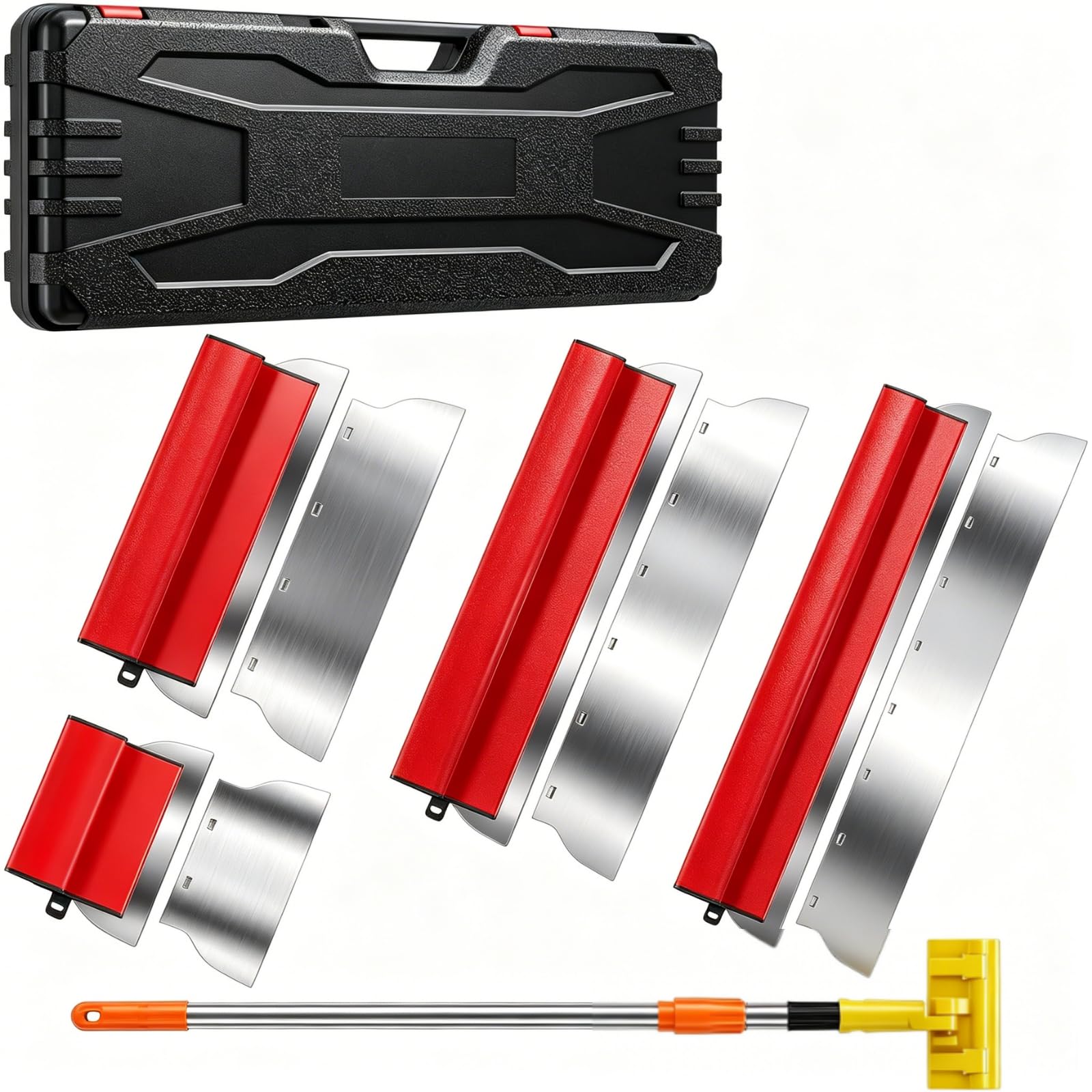 4 Teiliges Flächenspachtel Set, 25/40/60/80cm Spachtel Werkzeug mit Ersatzklingen & 1.27m Teleskopstange, Edelstahl Spachtelwerkzeug Multifunktionales Glättungsspatel Kit für Trockenbau & Verputzer