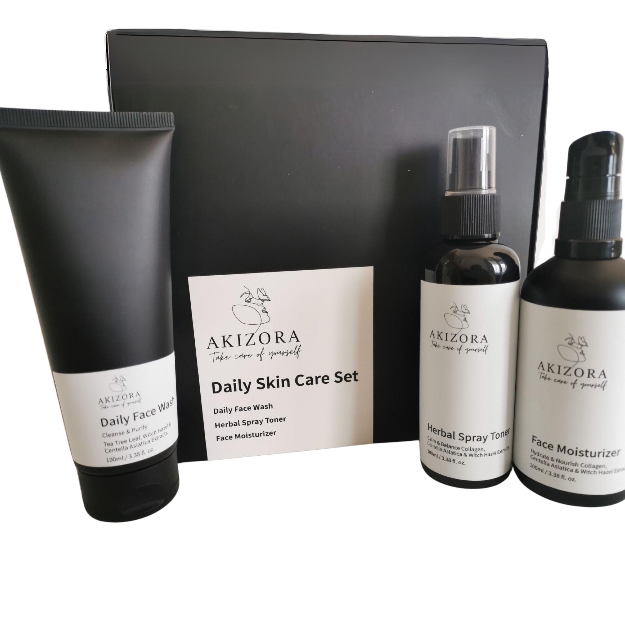 AKIZORA Coffret Soin Visage Homme – Gel Nettoyant Tea Tree, Lotion Tonique Purifiante & Crème Régénérante Collagène – Routine Quotidienne Fraîcheur & Hydratation – Idée Cadeau Masculine