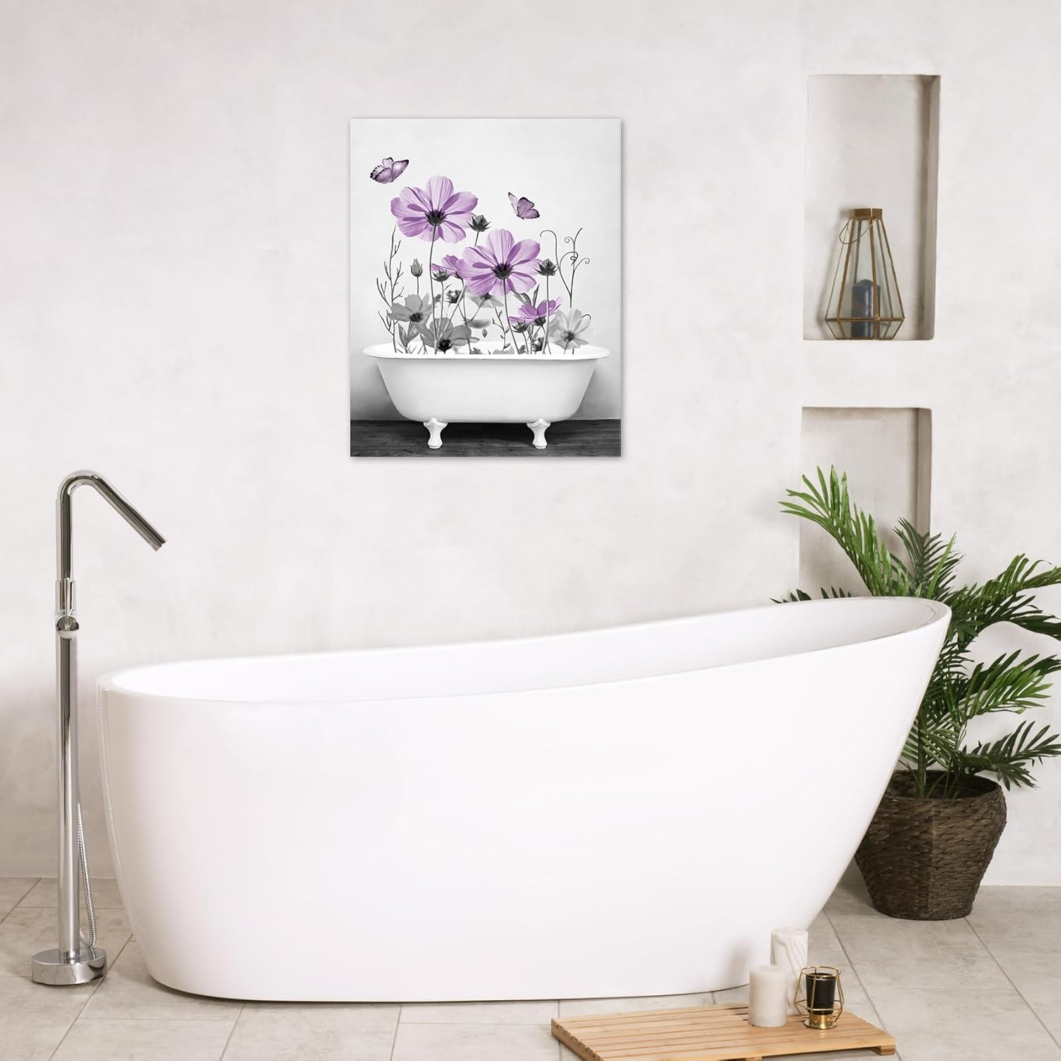 HVEST Purple Floral Wall Art for Living Room,Country Flower and Butterfly in Bathtub on Rustic Wood Canvas Wall Art Rustic Grey Wildflower Pictures for Bathroom Bedroom Wall Decor,20L X 16W inches