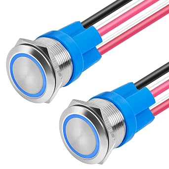 LED Latching Push Button Switch, Stainless Steel, IP67 Waterproof 5-24V 20A 1NO1NC, with Wire Socket Plug 2, Blue, 22mm