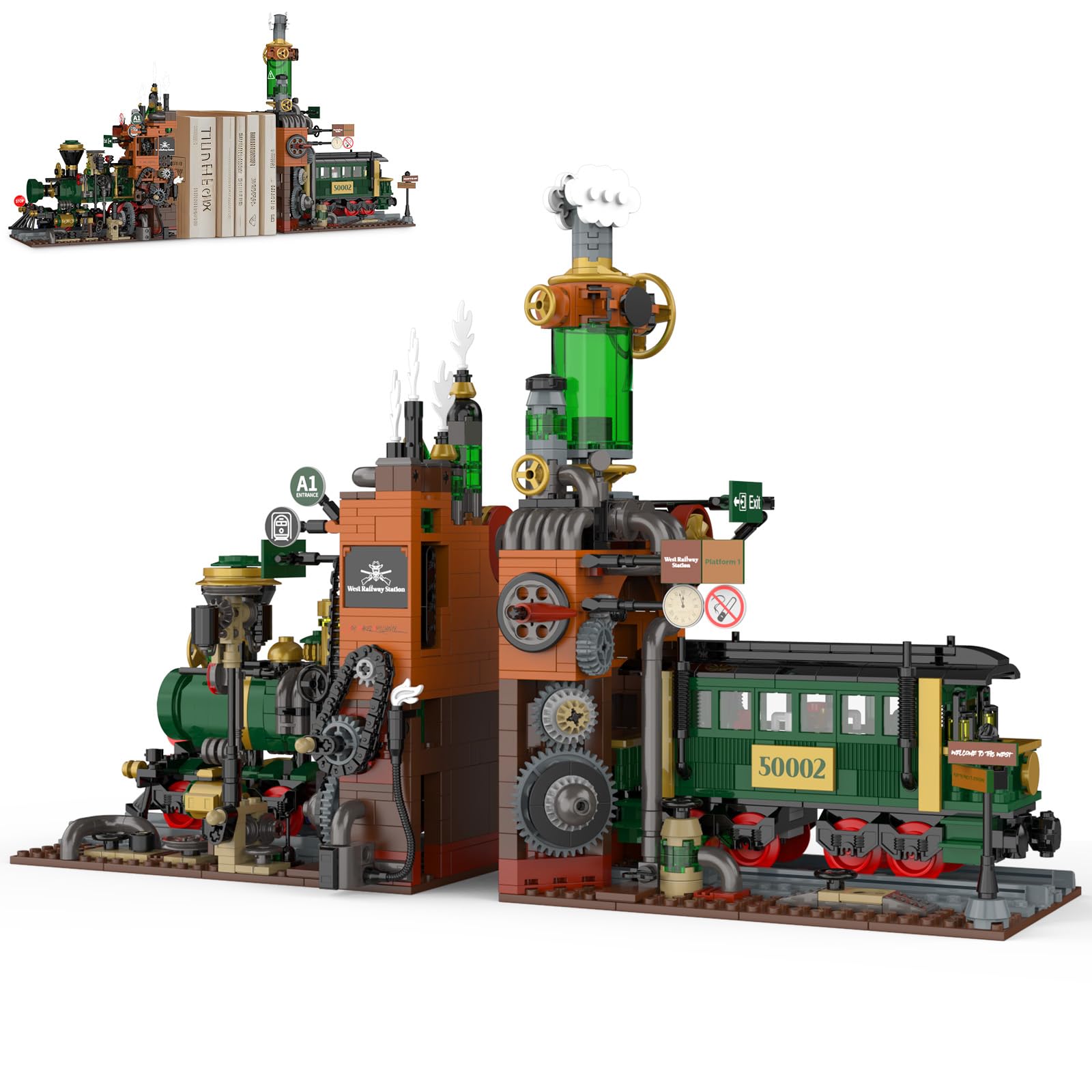 NUTCRACKER Retro Steam Train Building Set, 2 in 1 Medieval Train Station Building Model, Train Book Ends Bookshelf DIY Toy Building Set, Easter
