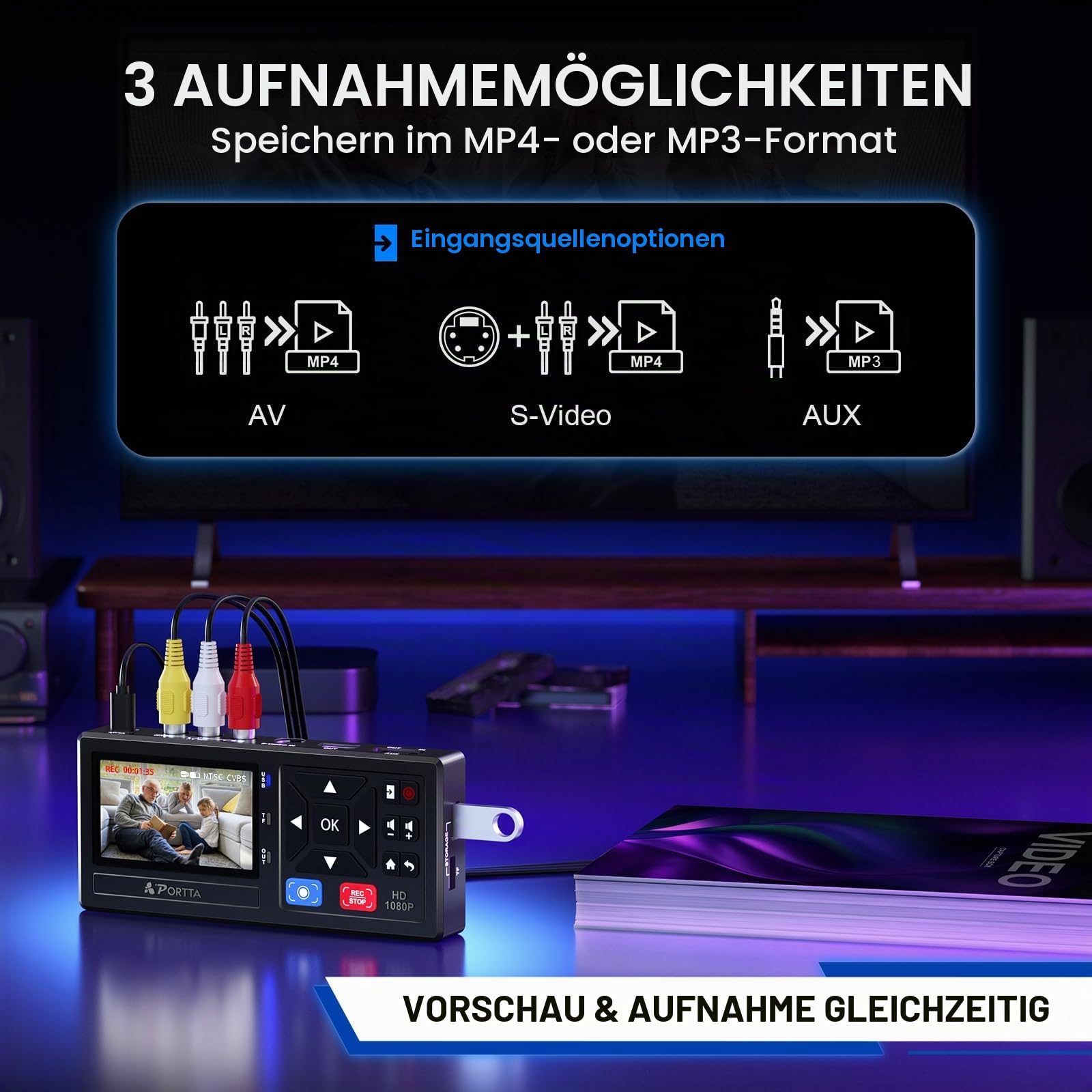Portta VHS to Digital Converter, Video VHS Digitalisieren Recorder mit Remote, Videokassetten Digitalisieren Compatible with VHS, VCR, DVR, DVD, Hi8, Mini DV, Camcorder, Cassette Tape, Gaming Consoles