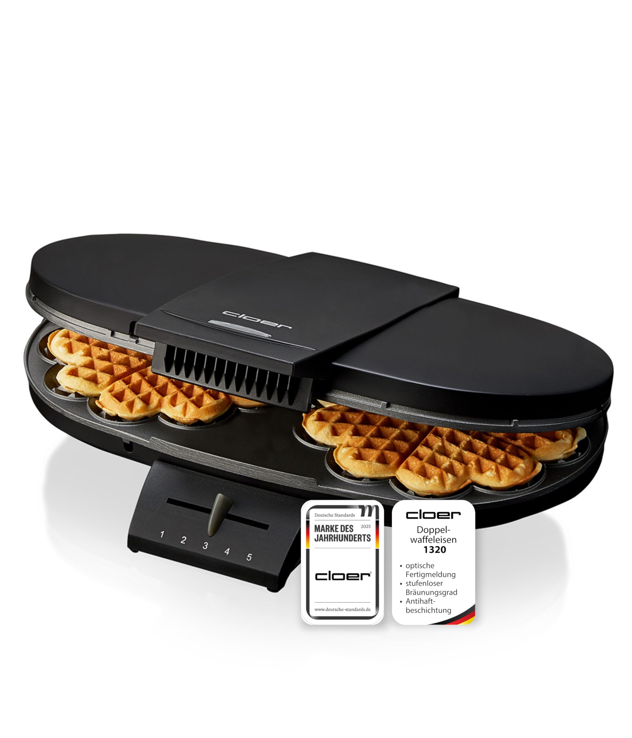 Cloer 1320 Doppelwaffeleisen für zwei klassische Waffeln, 1200 W, Waffelgröße 15,5 cm, optische Fertigmeldung, Edelstahl, schwarz