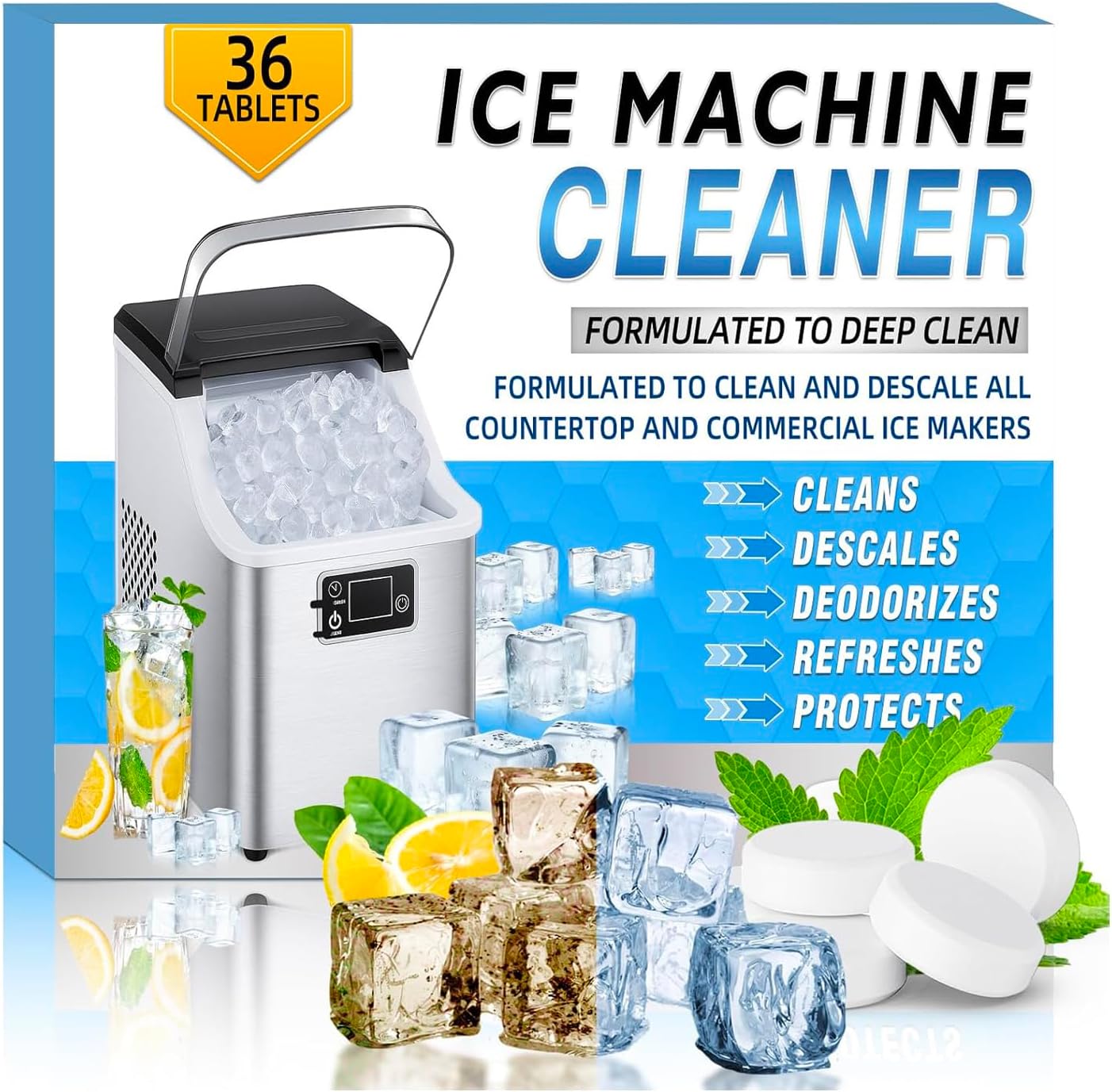 Ice Machine Cleaner Tablets 36ct - Removes 99.9% Hard Water Stains - Extend Machine Life 40% | No-Residue & Nickel-Safe - Descaler for Opal GE Profile Nugget & Countertop Makers - 2 Year Supply