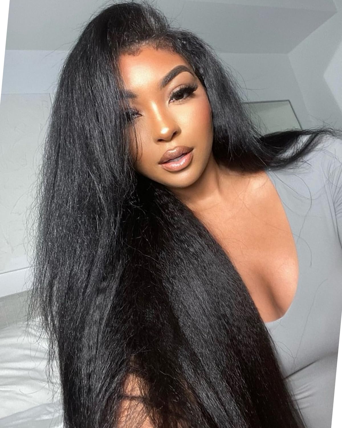 OQ HAIR Glueless Wigs Human Hair Pre Plucked Pre Cut Kinky Striaght 7x5 HD Lace 180% Density Wear and Go Yaki Straight Glueless Wig Pre Plucked For Beginners 3 Second To Wear 26 Inch