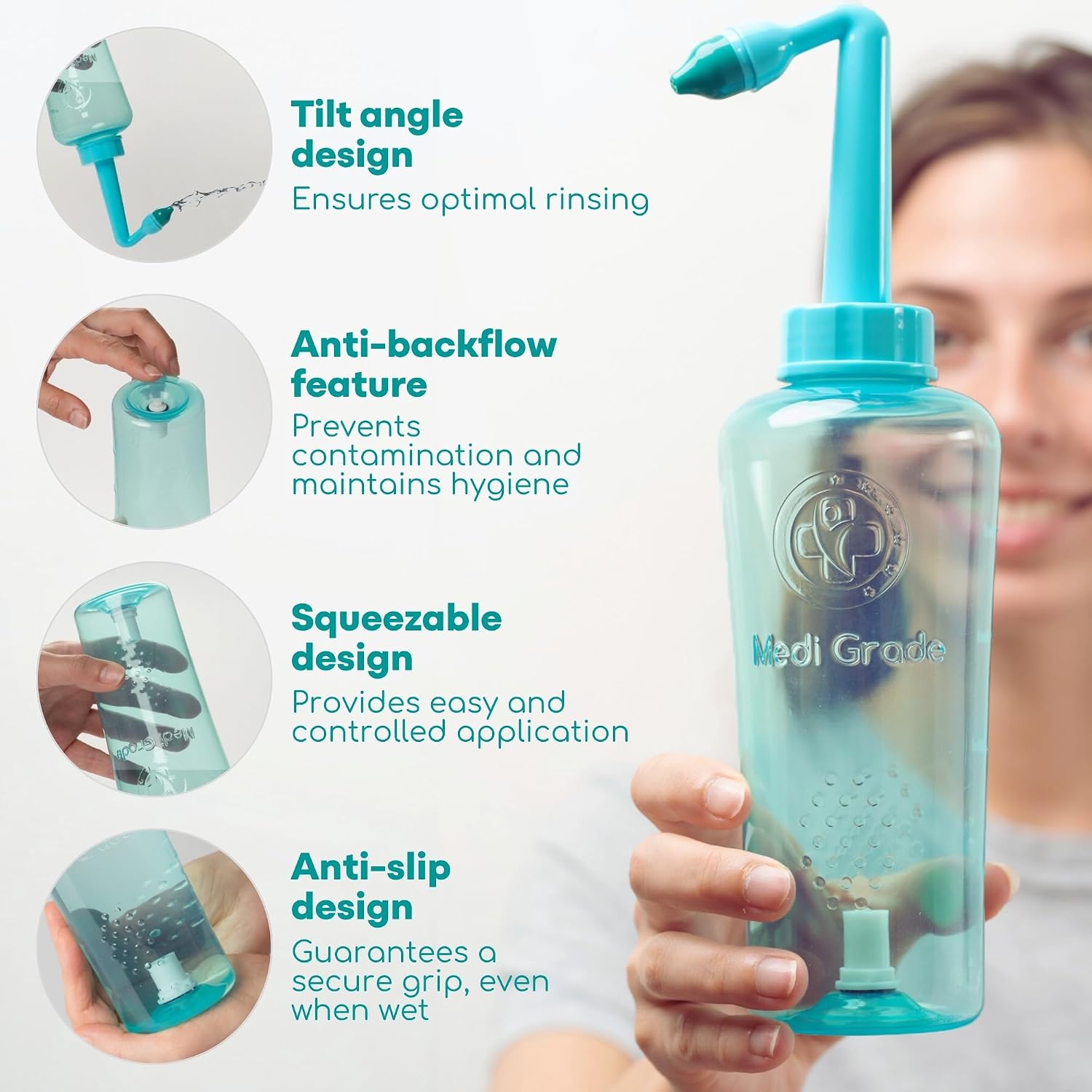 Medi Grade Sinus Rinse Bottle, 500ml with 30 Sinus Rinse Packets - Complete Nasal Irrigation System - Neti Pot Nose Cleaner - Nasal Wash Kit for Home or Travel - 2 Nasal Rinse Tips and Storage Bag