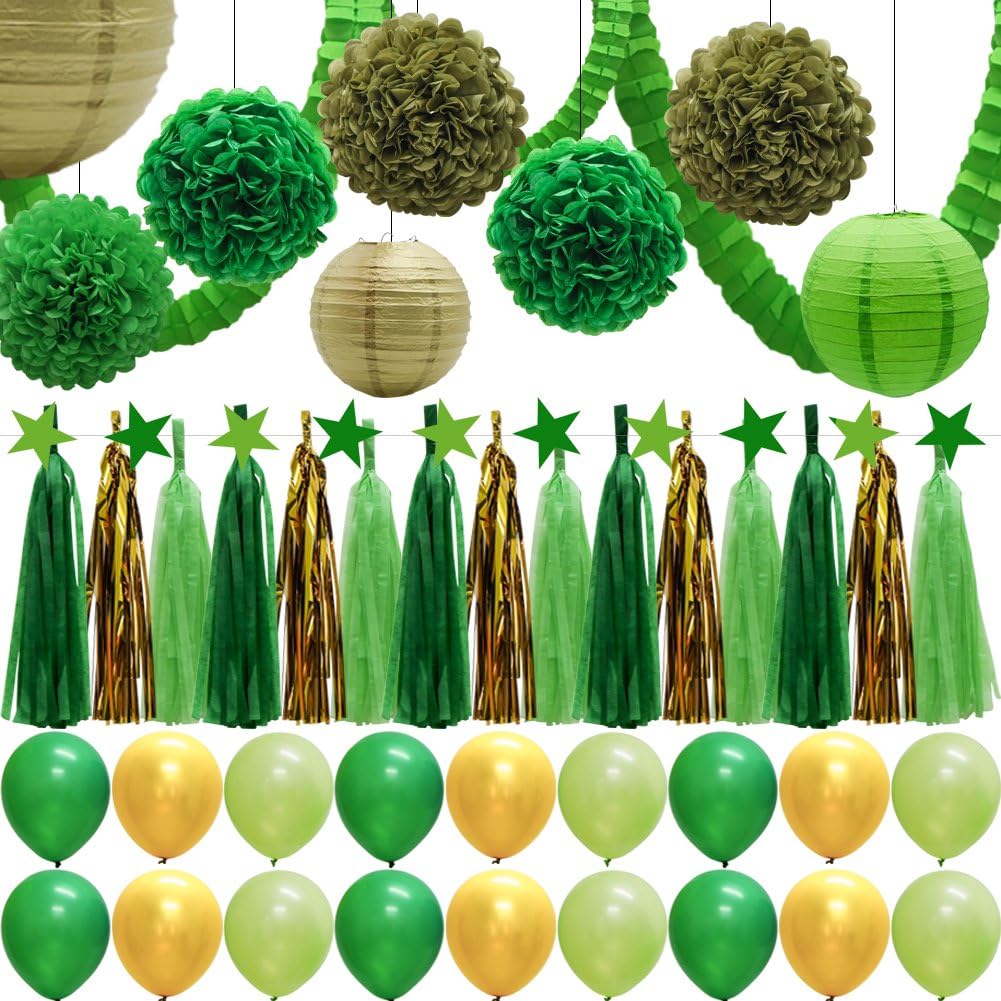 43pcs Green Party Decorations Set, Paper Lanterns, Balloons, Tassel Garland Banner, Tissue Pom Poms Flowers, Clover Garland, Paper Garland for St. Patrick's Day Birthday Baby Showers Bridal Shower