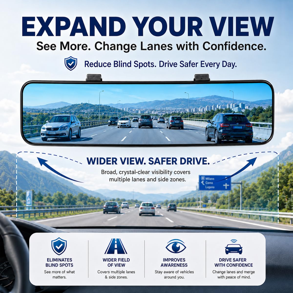 SkycropHD Anti Glare tylne lusterko do samochodu, Clip on Wide Angle Rearview Mirror Eliminate Blind Spot – Convex, Blue