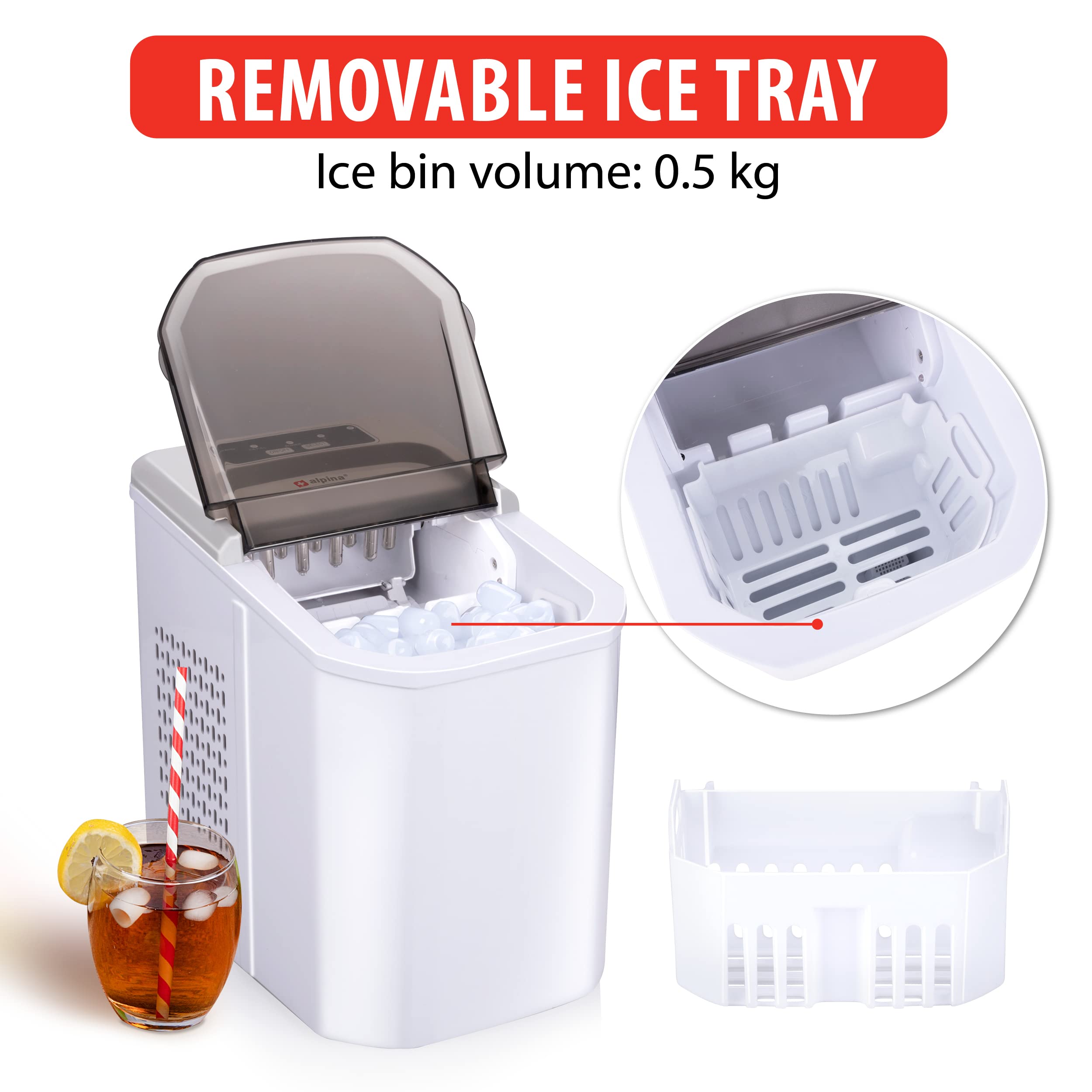 alpina Maquina de Hacer Hielo - Fabricadora de Cubitos de Hielo - Bloques de Hielo de 2 Tamaños - Producción en 10-12 minutos - Tapa Transparente - Blanco