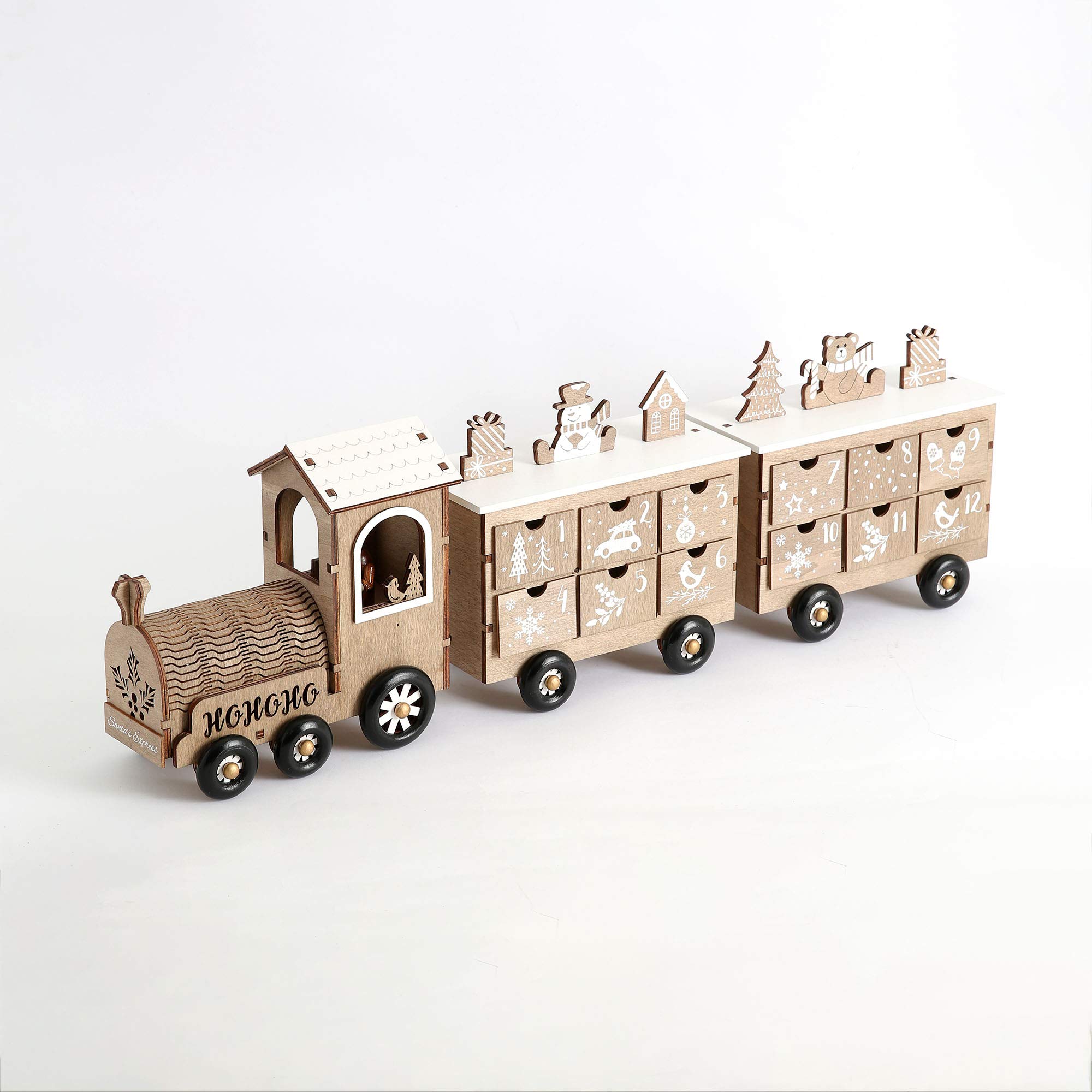 PE Weihnachts-Adventskalender aus Holz in Form eines Zuges mit 24 Schubladen für den Weihnachtscountdown als Tischdekoration (weiß und naturfarben)