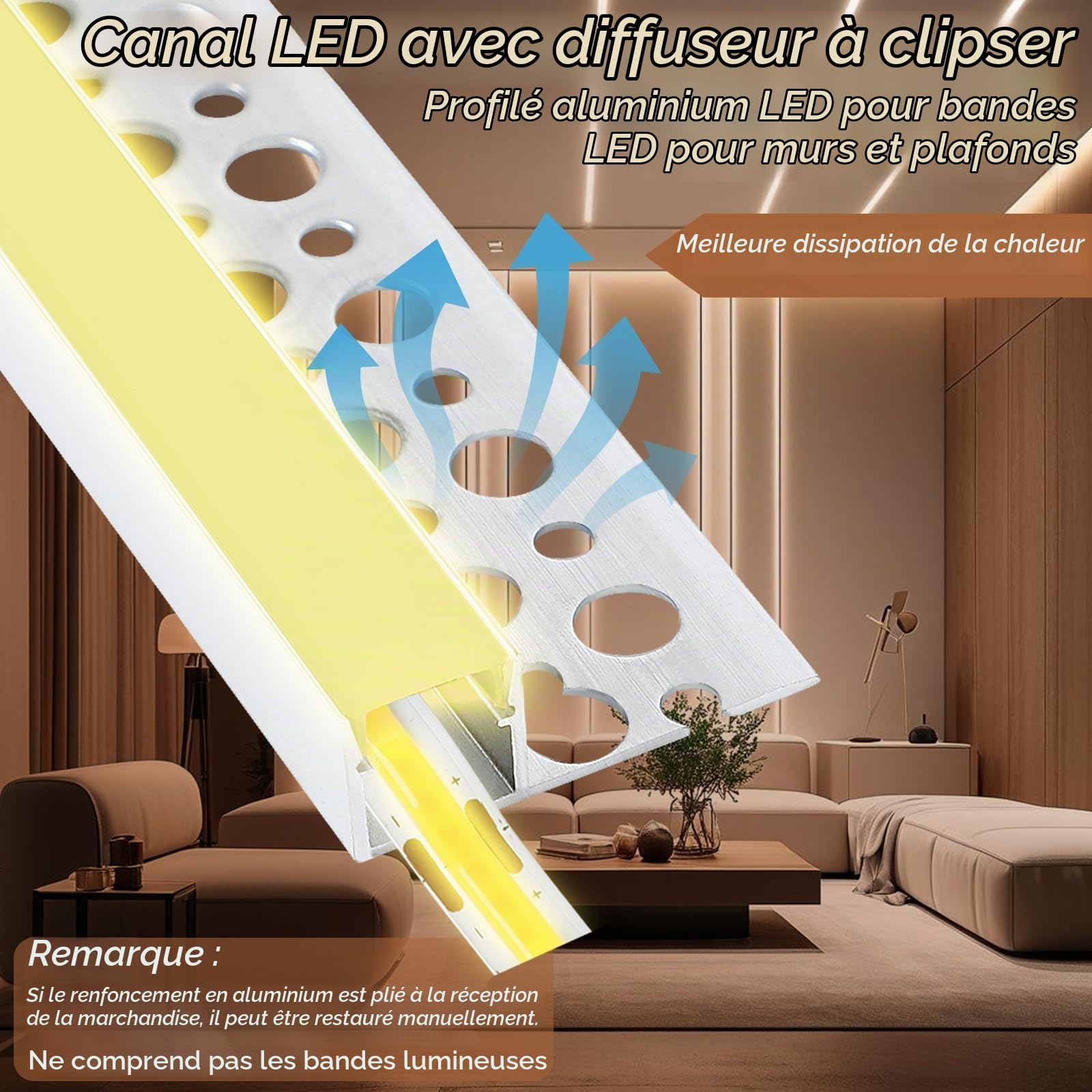 Profilé LED,6×1M Profilé Alu pour Ruban LED,Rail LED avec Diffuseur,Profilé led Encastrable Placo,Compatible Bandes led ≤10 mm