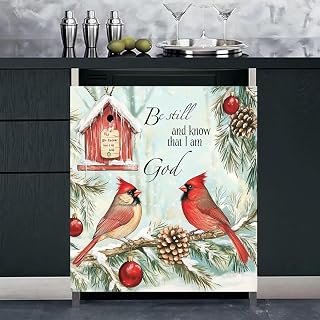Red Bird Dishwasher Magnet Cover,Be Still and Know That I Am God Sign,Snowy Christmas Atmosphere Refrigerator Vinyl Magnetic Sticker for Kitchen Decor Decal,Christian Gifts,23" W x 26" H