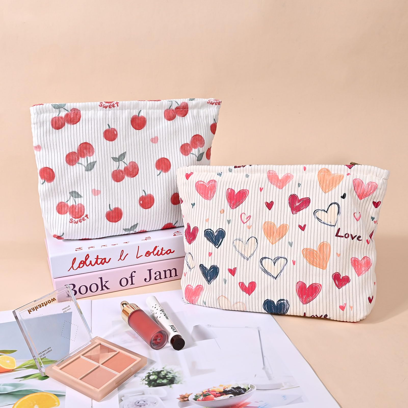 Ksriylm Cute Heart Cosmetic Bag for Women,Canvas Toiletry Organizer Storage with Purse Zipper,Small Multifunctional Travel Makeup Bag,Aesthetic Travel Toiletry Bags - Image 3