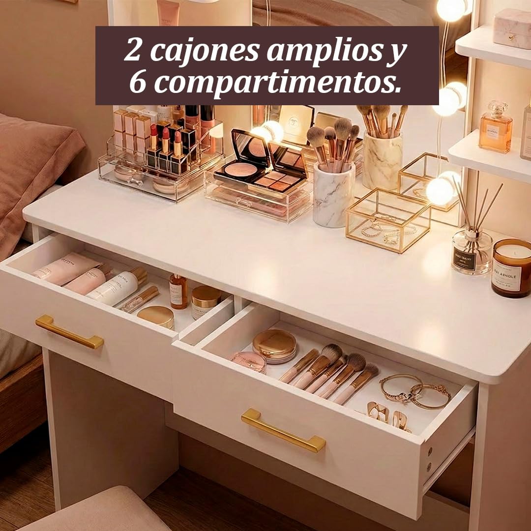 Marctani Tocador de Maquillaje con Luz LED Regulable, Espejo 10 Luces, Escritorio Compacto con Cajones
