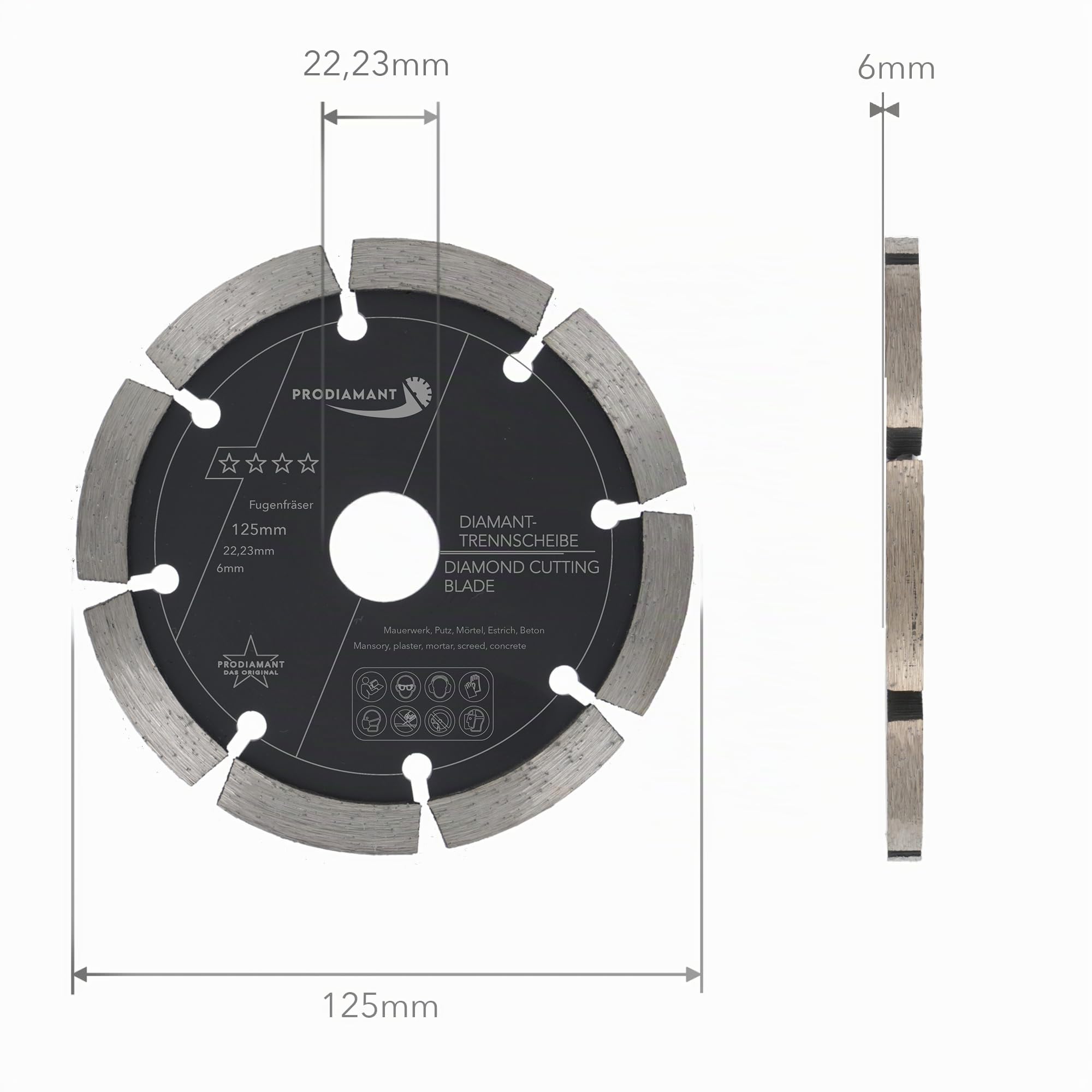 PRODIAMANT Fraises à joints ø 125 mm Largeur 6mm pour mortier Béton Maçonnerie et enduit 10mm Segment diamanté Qualité professionnelle