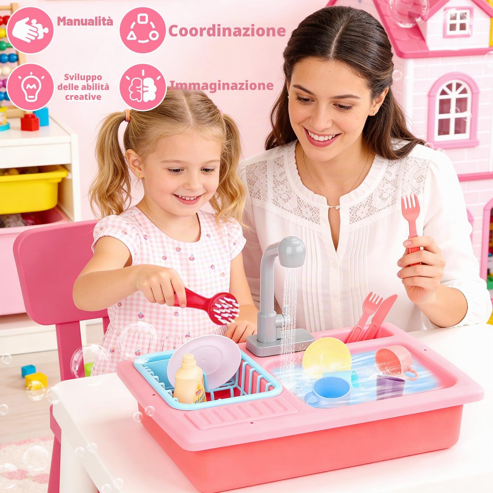 deAO Lavello da Cucina Gioco di Ruoli con Simulatore di Acqua Elettrico e Accessori (Rosa)