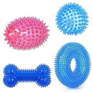 Woofy Spike Dental Chew Toy for Dogs Squeaky Spike Bone Spike Rugby Spike Ring Spike Ball Pack of 4, Multicolour