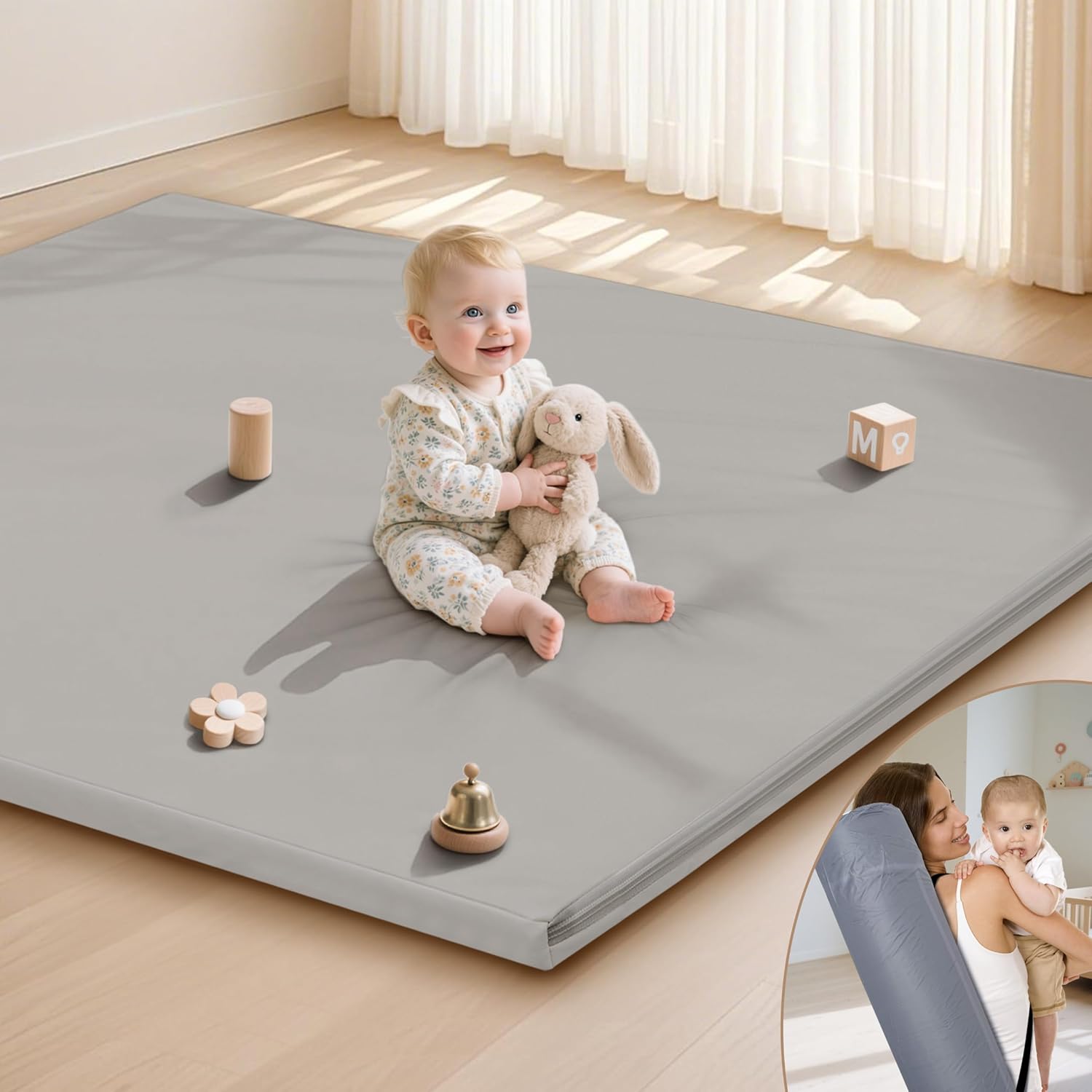 Baby Play Mat 47x47 Inches, Extra Thick 1.2" Foam Floor Mat for Tummy Time & Crawling, Waterproof Non-Slip Faux Leather Playpen Mat for Infants Toddlers, Indoor Outdoor Gym Activity, Gray Gray 47x47 Inch