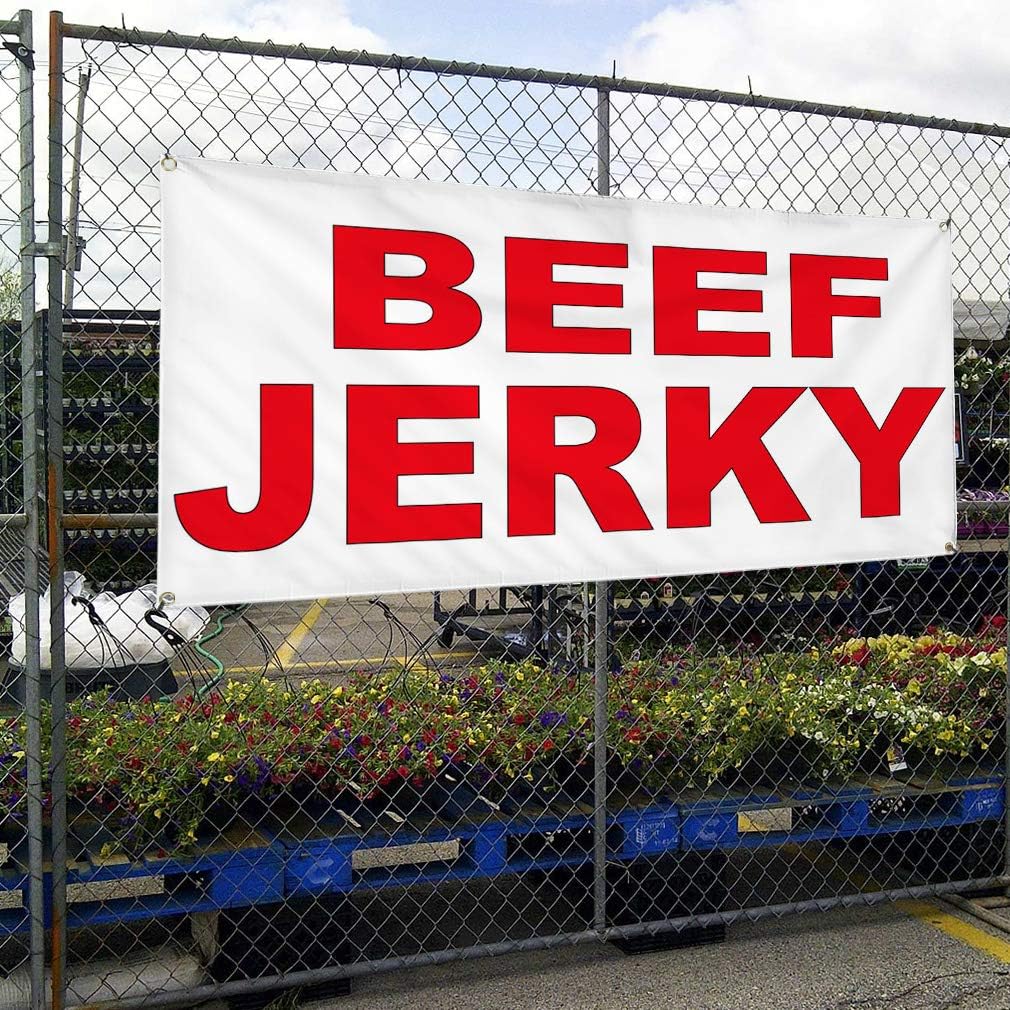 Vinyl Banner Multiple Sizes Beef Jerky Red Food Bar Restaurant Truck Restaurant & Food Outdoor Weatherproof Industrial Yard Signs 4 Grommets 24x36Inches
