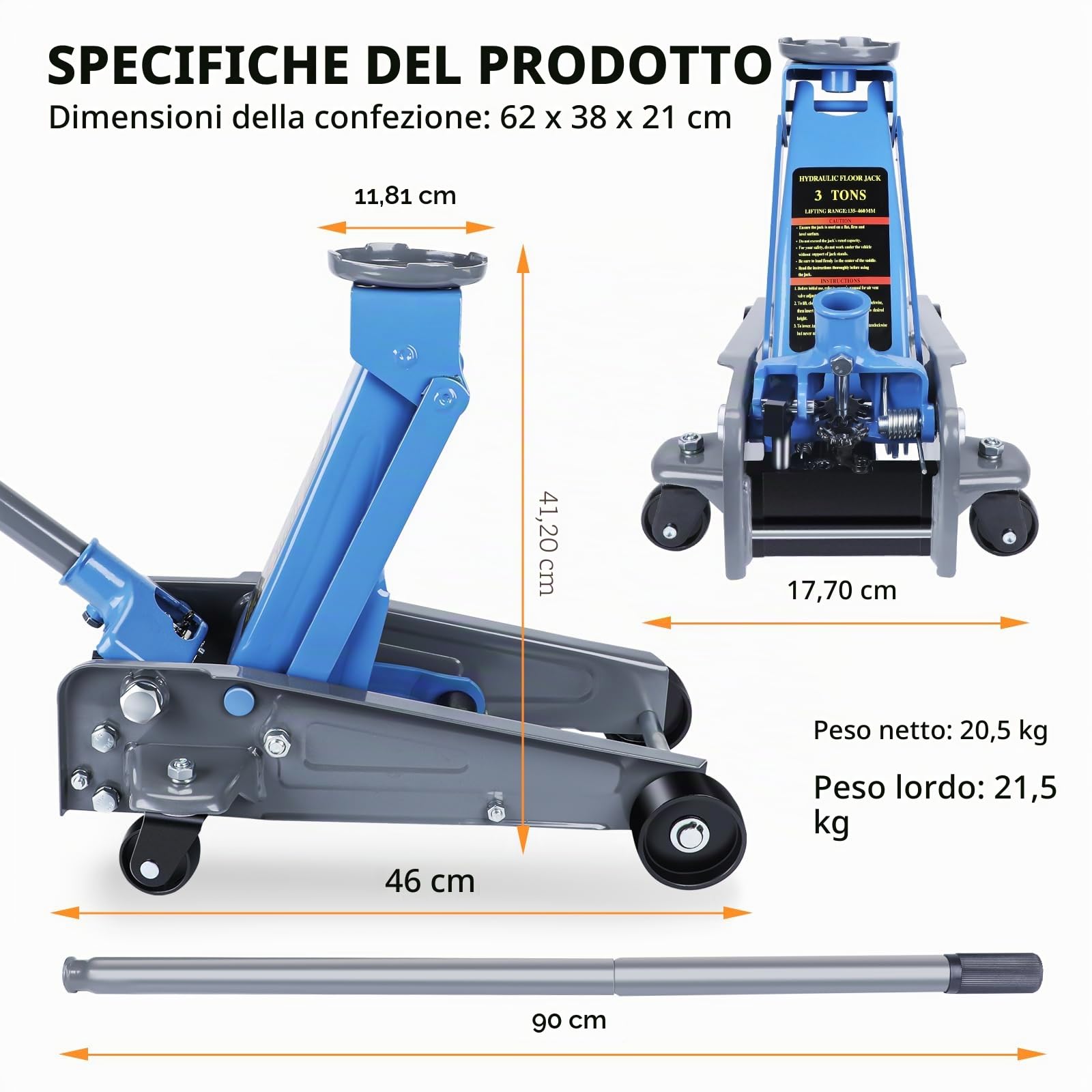 Larbanke Jack da pavimento a basso profilo 3T, realizzato in acciaio al carbonio durevole,Altezza di sollevamento 135-460 MM,Gatto idraulico,Adatto per varie auto