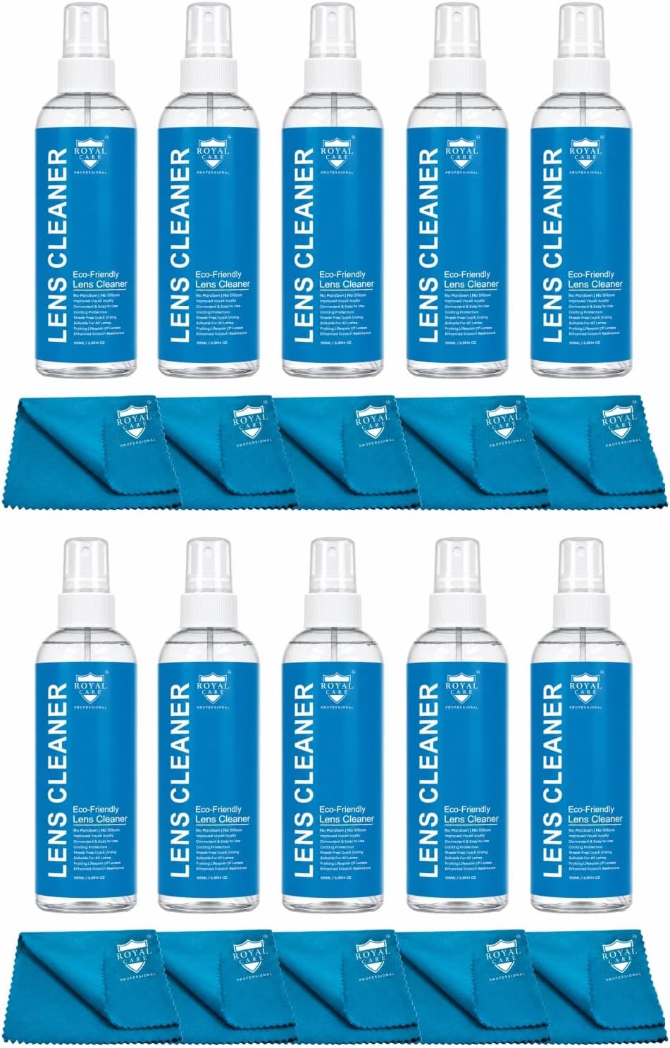 Royal Care Lens Cleaner Spray 100 ML Pack Kit – Professional Lens Cleaner Spray with Microfiber Cloths – Best for Eyeglasses, Cameras, and Lenses - Safely Cleans Fingerprints, Dust, Oil (Pack of 10)