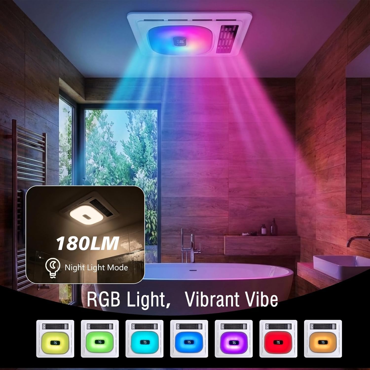 Bathroom Exhaust Fan with Bluetooth Speaker & Heater 1800W for Bathroom, 180 CFM, Quiet 1.0 Sone, 3CCT & Nightlight, 2 Heat Levels, 7 RGB Mode, Remote Control, Ceiling Mount, FCC Certified